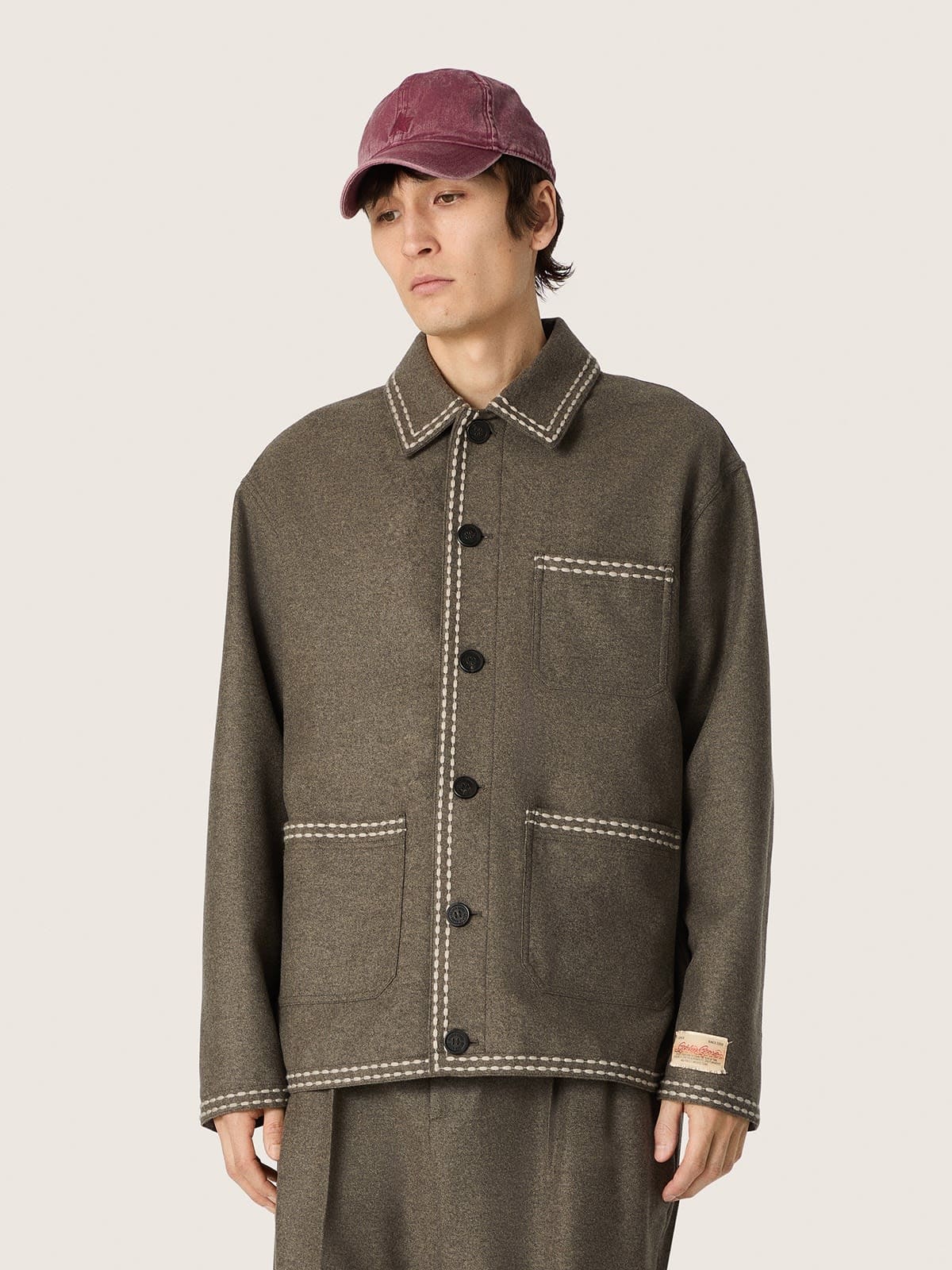 Golden Goose - Men's gray wool jacket with white stitching in 