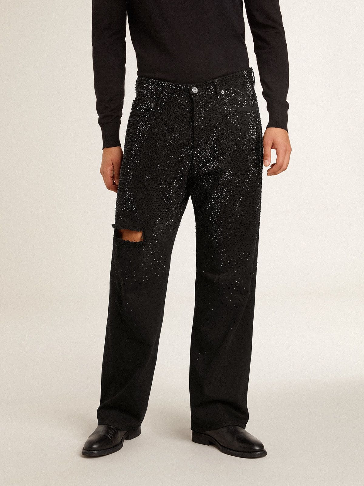 Men s black jeans with a loose fit and gradient effect all over crystals Golden Goose