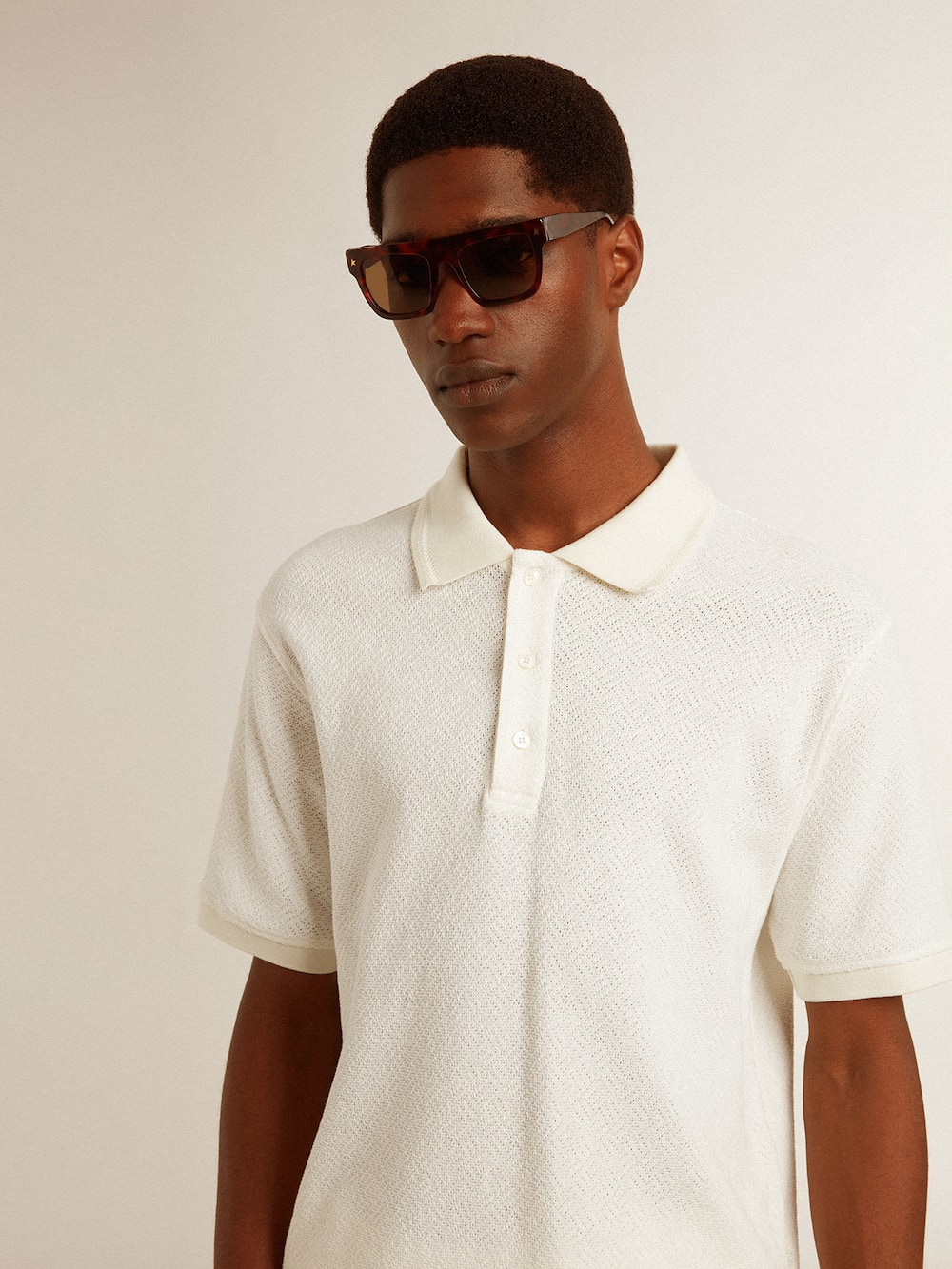 Golden Goose - Men's polo shirt in white cotton with mother-of-pearl buttons in 