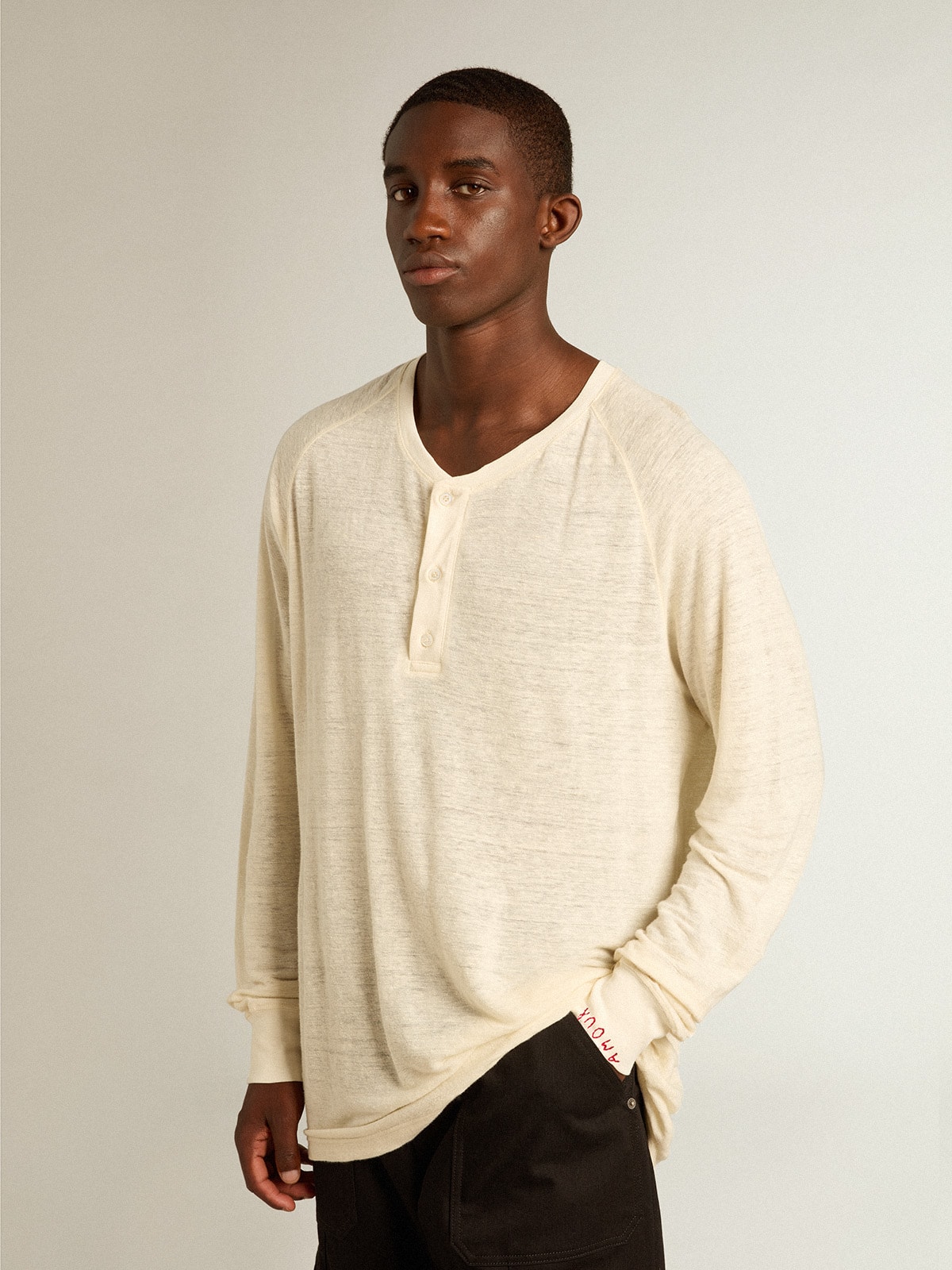 Golden Goose - Men's long-sleeved T-shirt in panama-colored linen in 