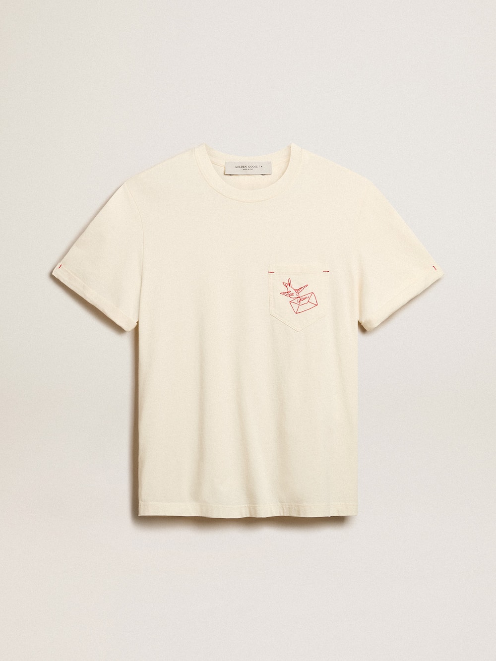 Golden Goose - T-Shirt da uomo in cotone color bianco vissuto e con tasca ricamata in 