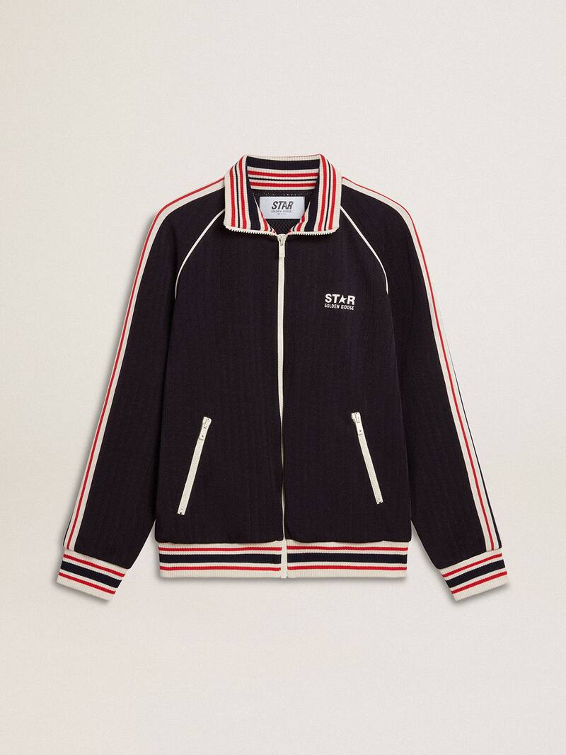 Sweat-shirt bleu foncé pour homme avec fermeture à glissière et logo blanc