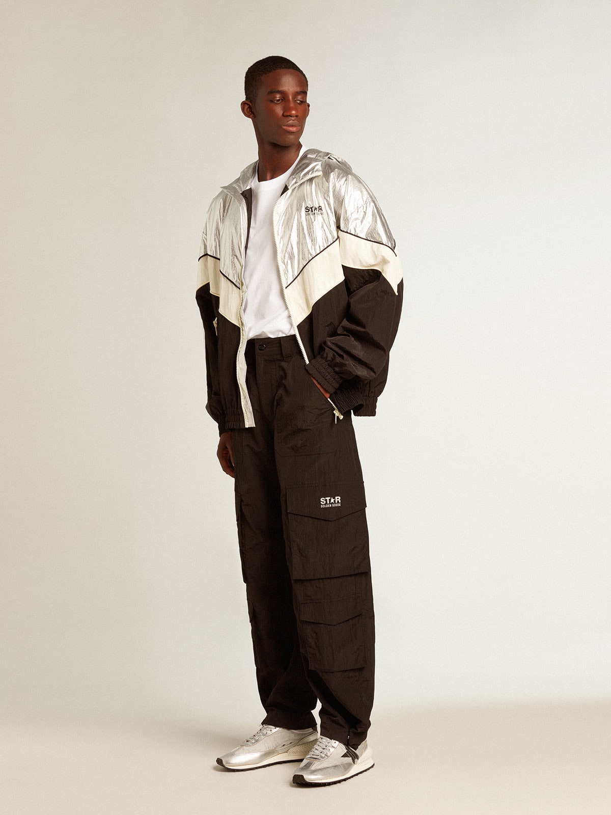 Golden Goose - Men's windcheater in silver and black technical fabric in 