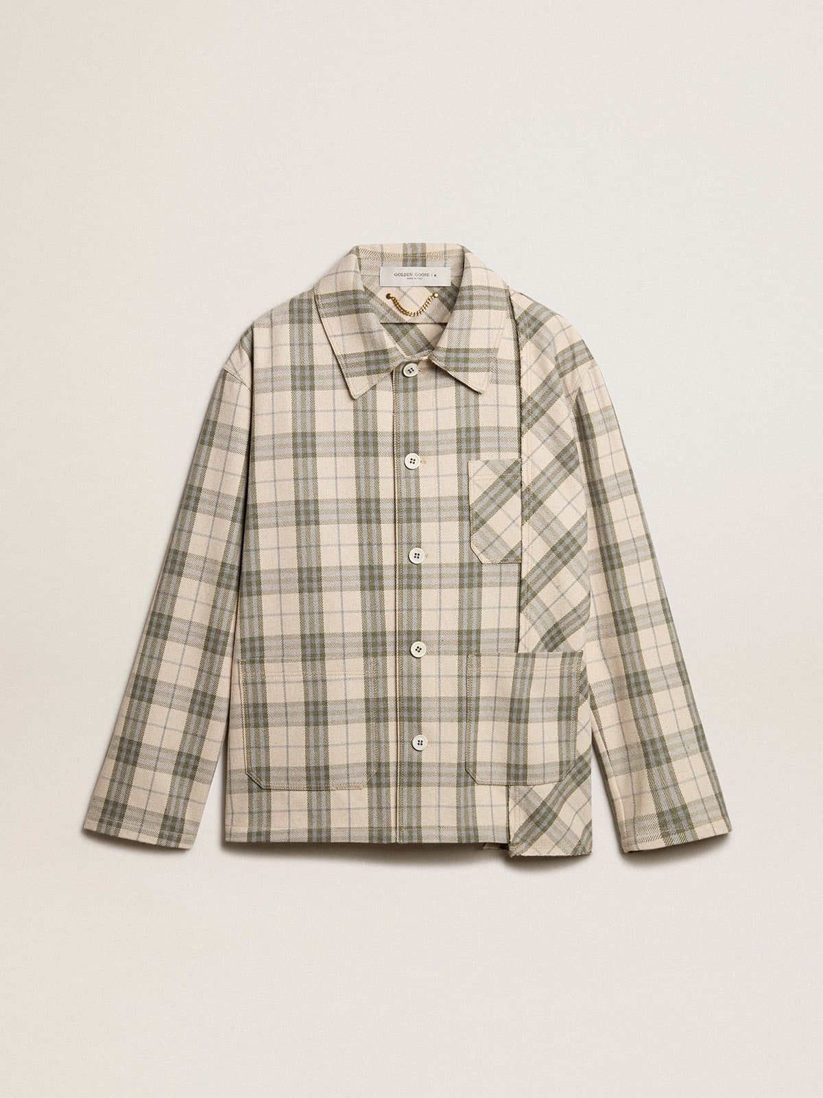 Golden Goose - Men's slim-fit shirt made of ecru and green cotton flannel in 