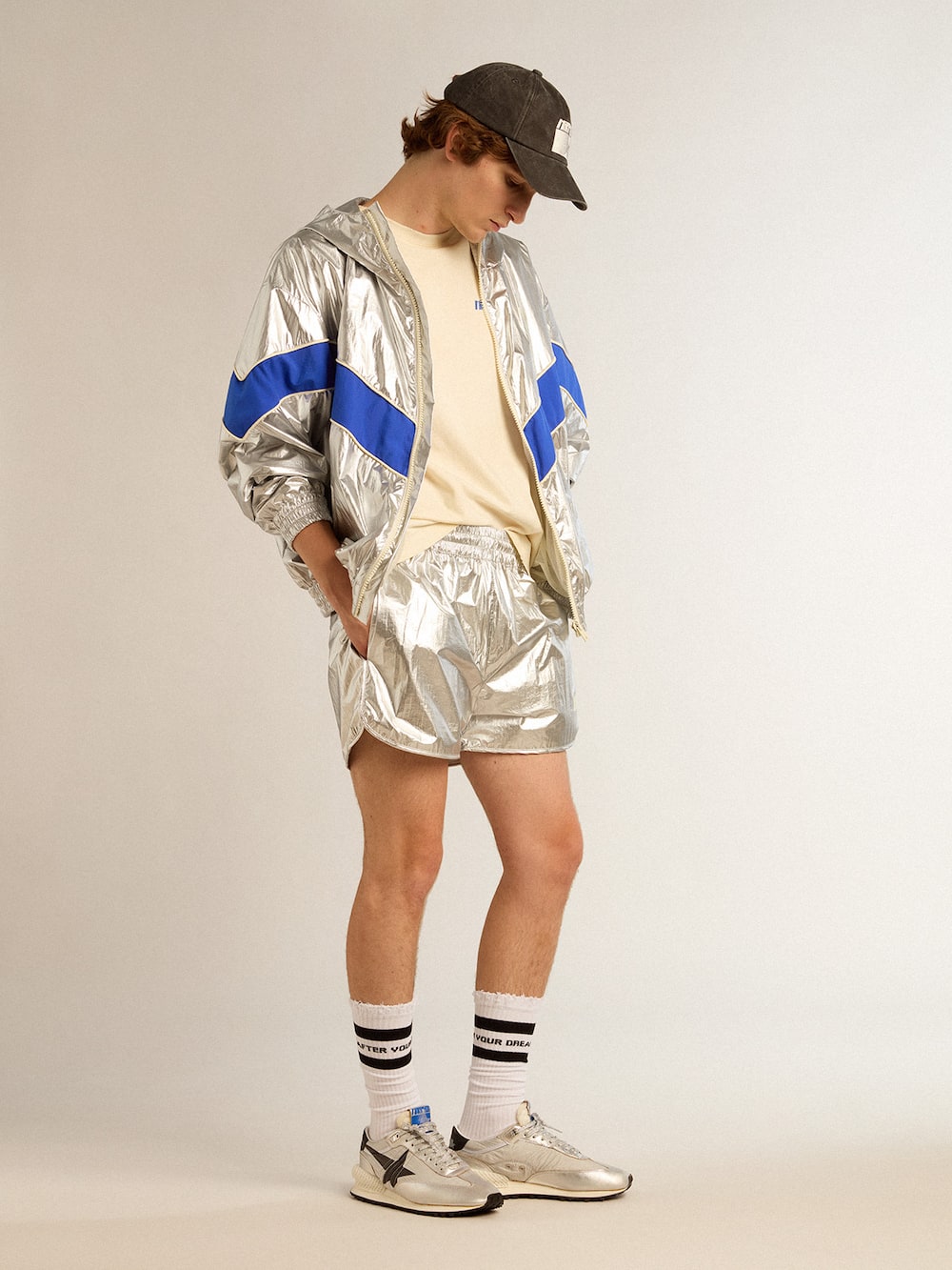Golden Goose - Running shorts Uomo in tessuto argento in 