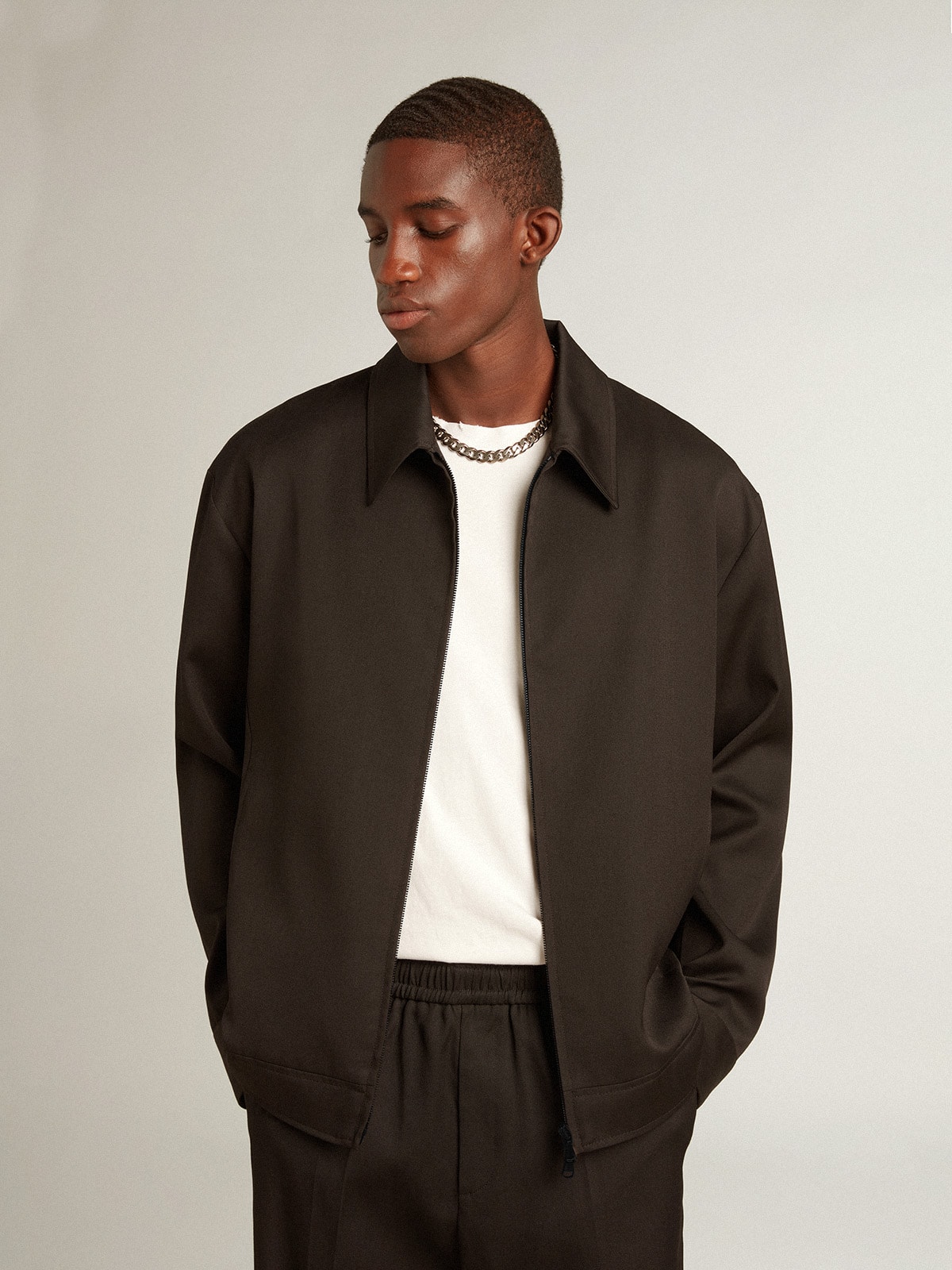 Golden Goose - Men’s zip-up jacket in black wool gabardine in 