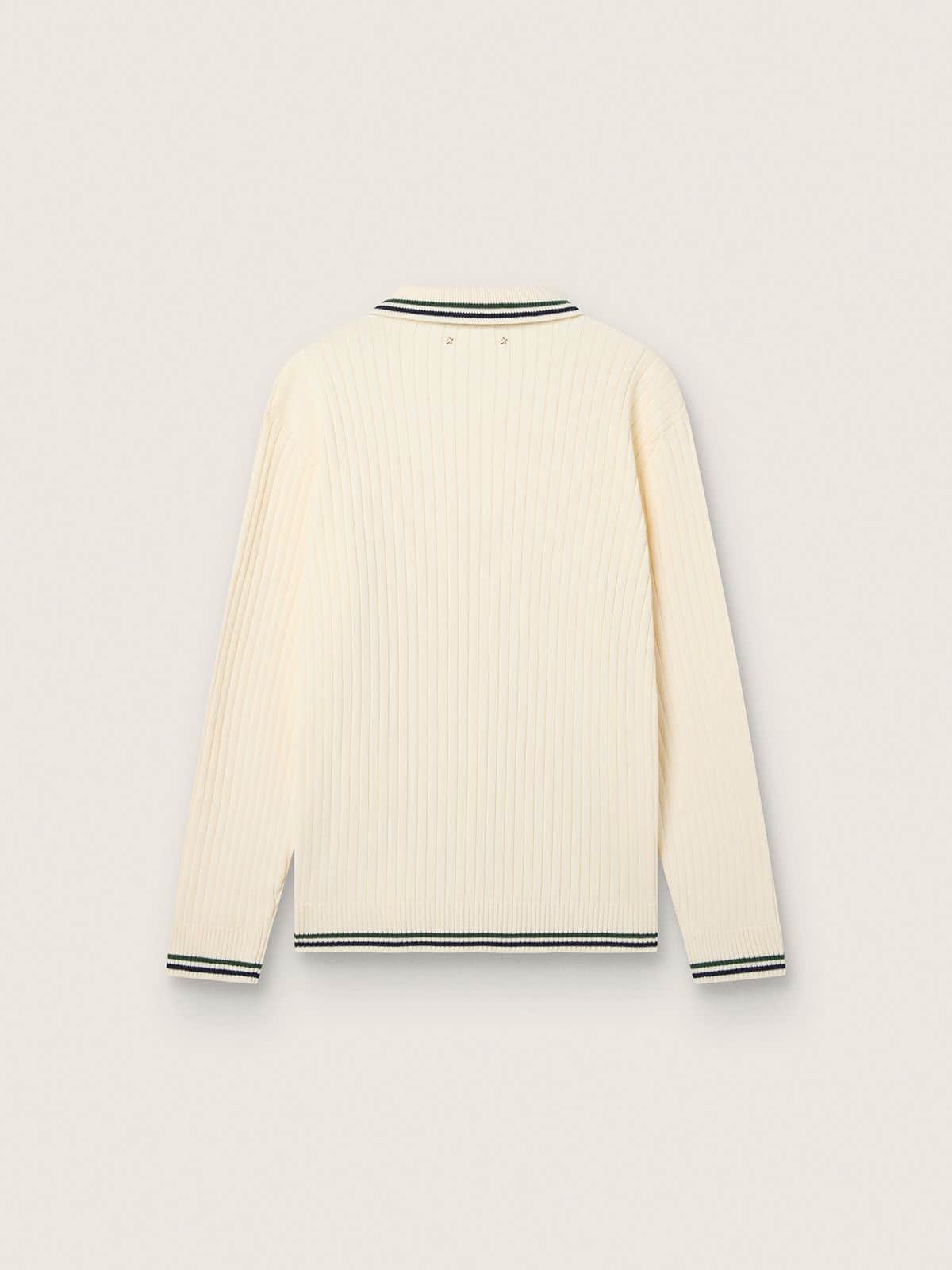 Golden Goose - Polo uomo a maniche lunghe in maglia bianca con bordi a contrasto e pin removibile in 