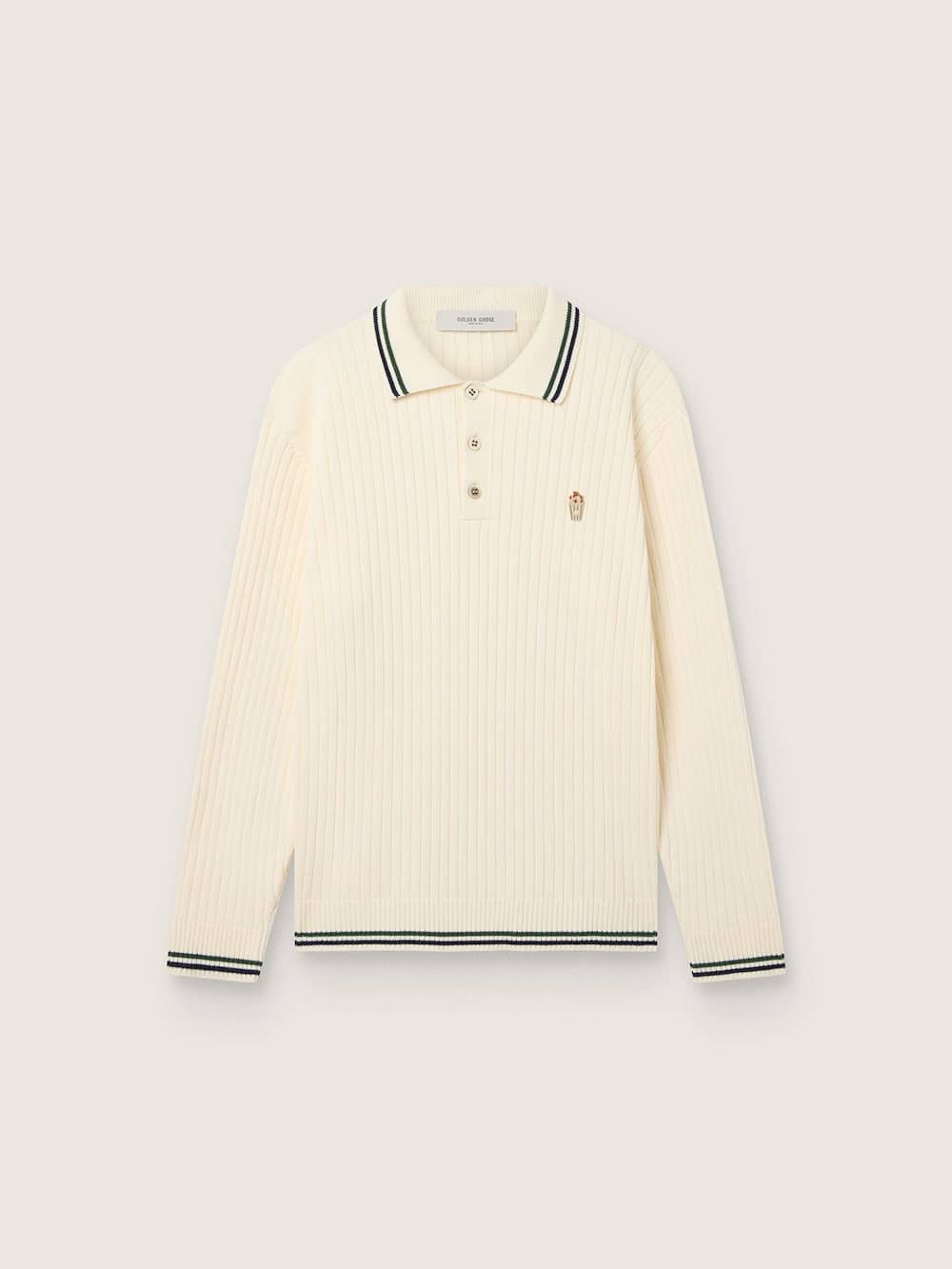 Polo à manches longues homme en maille blanche avec bords contrastés et pin's détachable — Golden Goose