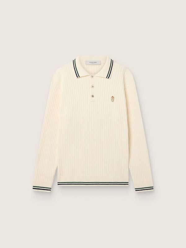 Golden Goose - Polo &agrave; manches longues homme en maille blanche avec bords contrast&eacute;s et pin&rsquo;s d&eacute;tachable in 
