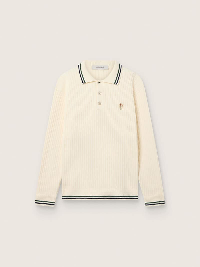 Polo &agrave; manches longues homme en maille blanche avec bords contrast&eacute;s et pin&rsquo;s d&eacute;tachable