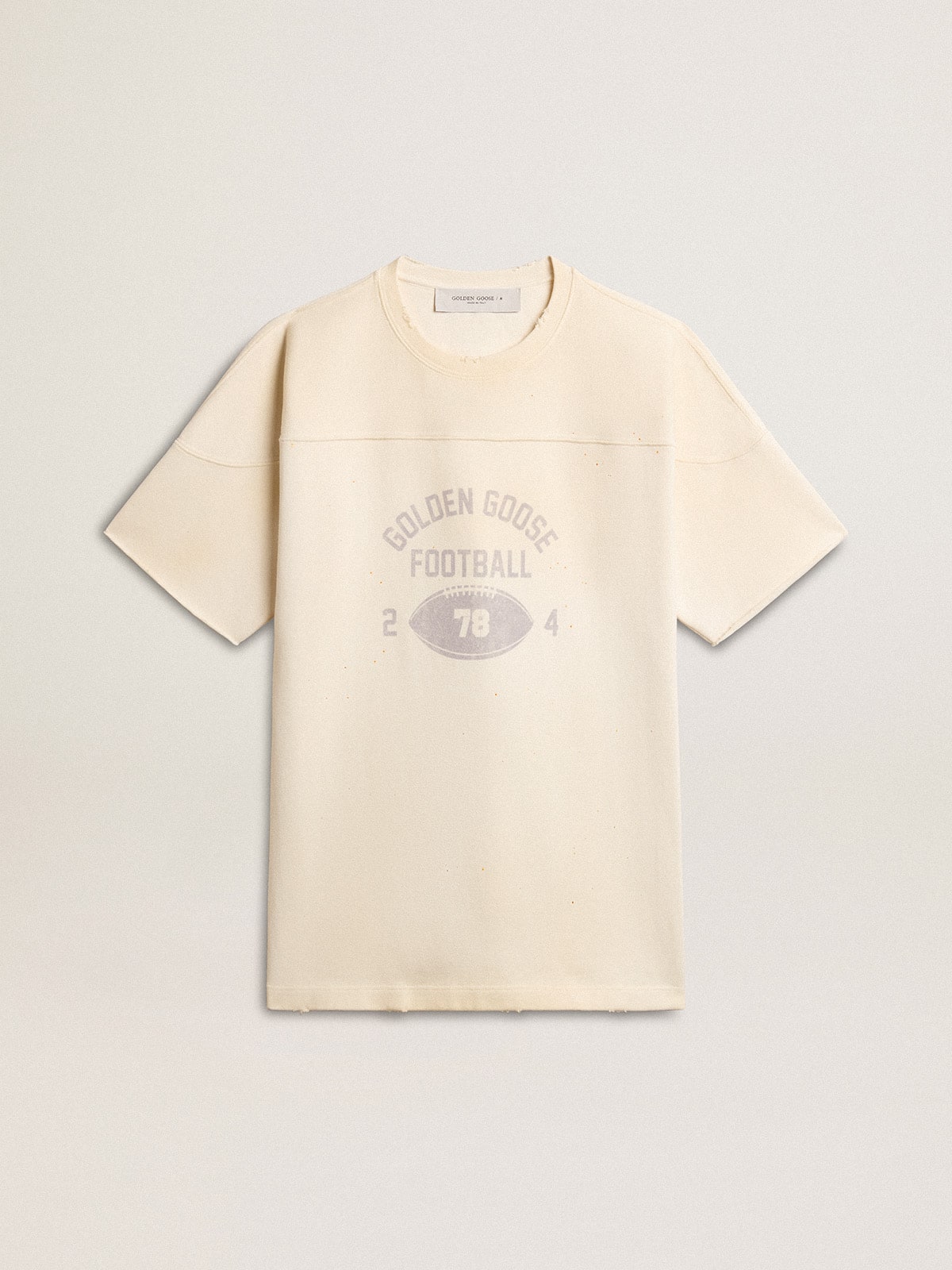 Golden Goose - T-shirt da uomo in cotone color bianco vintage con taglio a vivo sul davanti in 