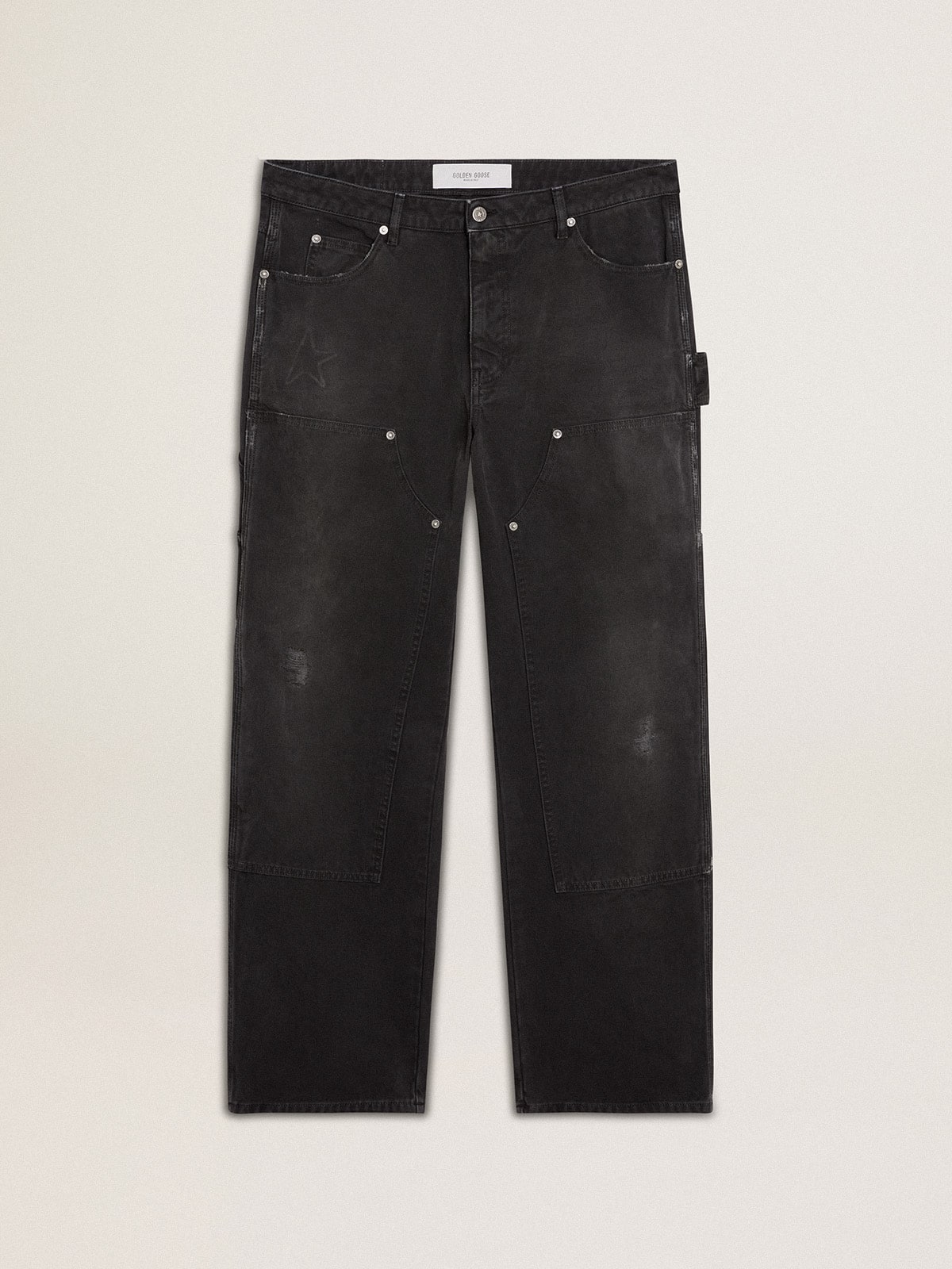 Golden Goose - Calça jeans de algodão preto com efeito desgastado com patches na frente in 