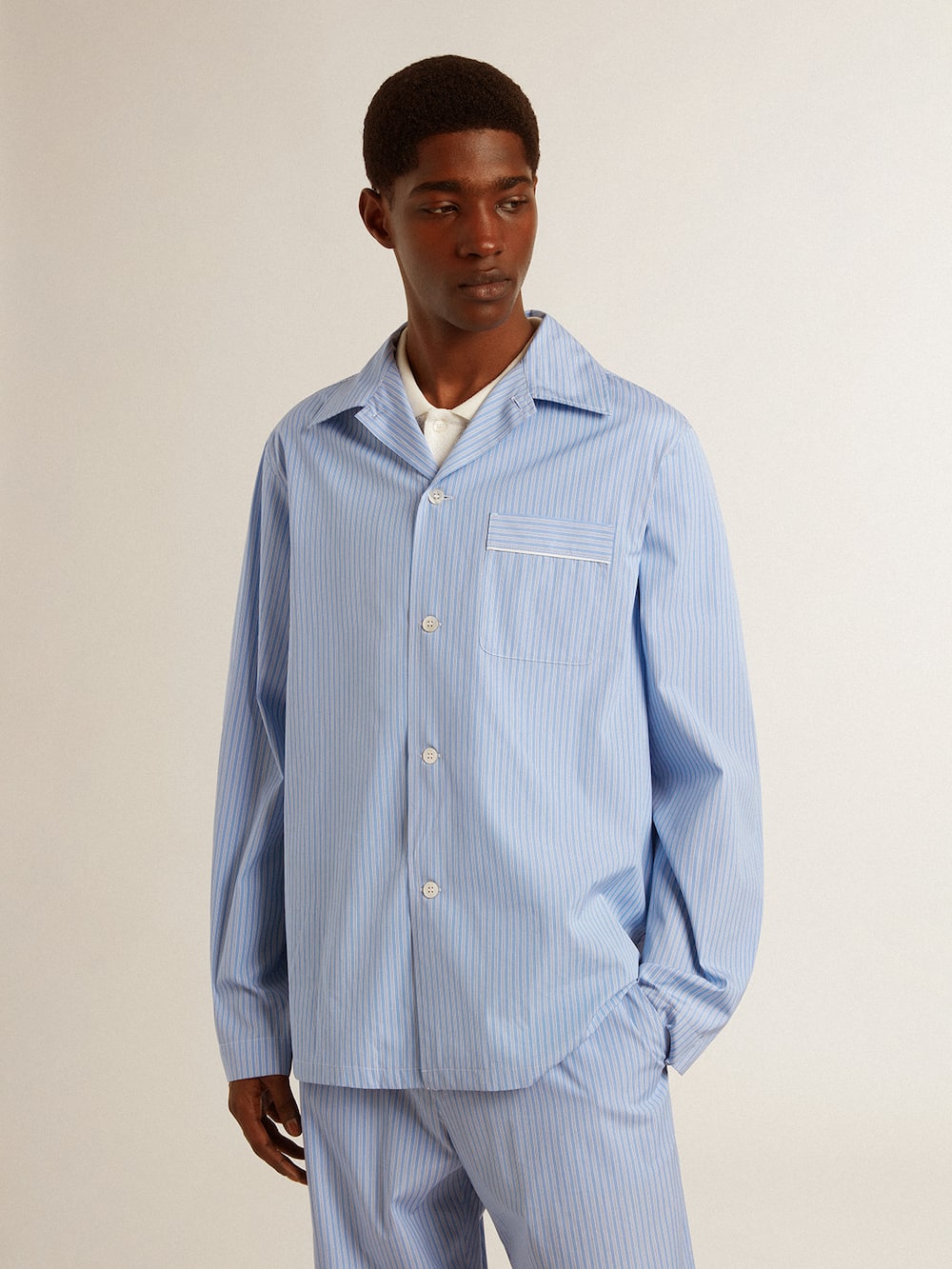 Golden Goose - Men's shirt in white and blue striped cotton poplin in 