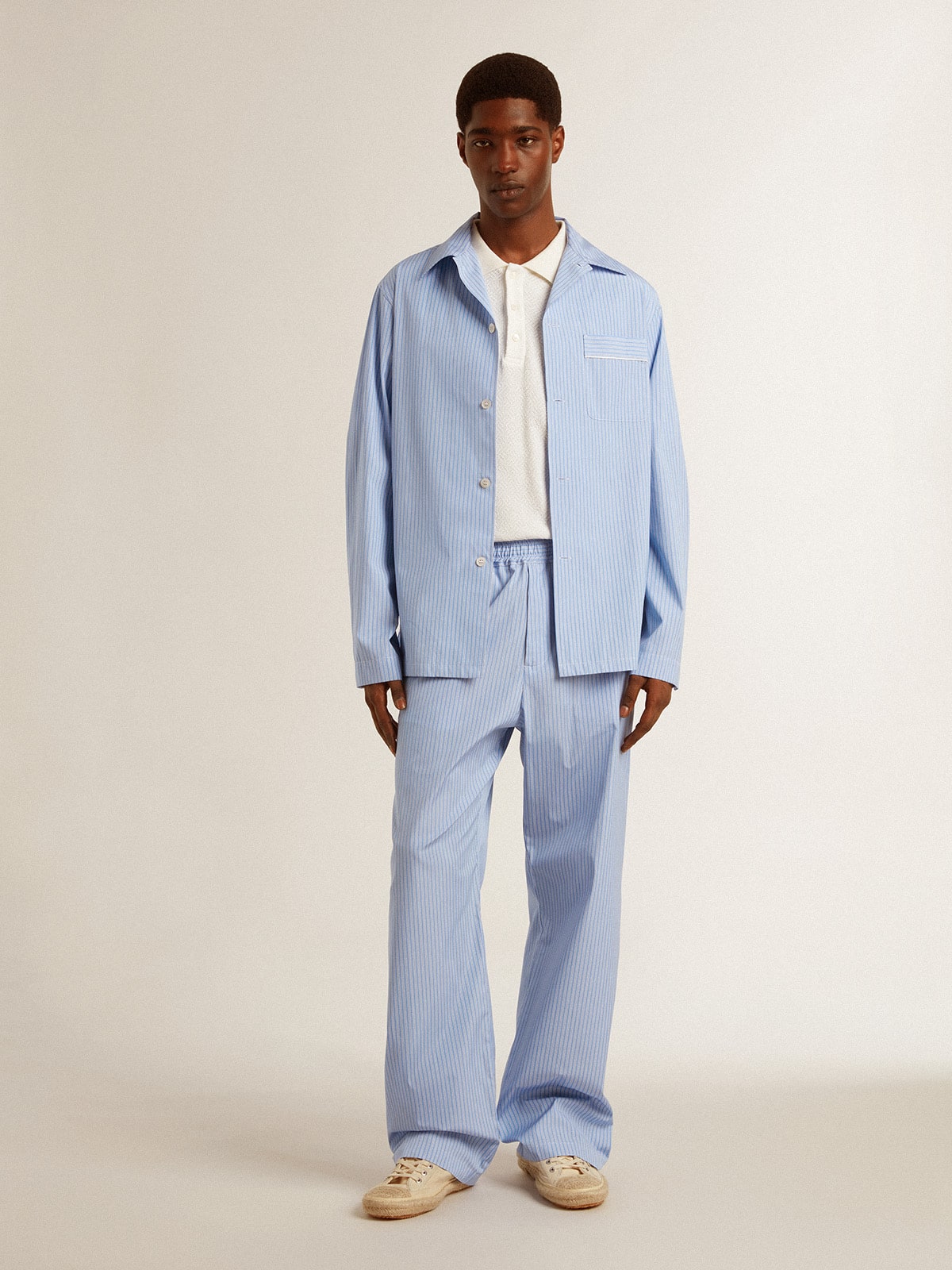 Golden Goose - Men's shirt in white and blue striped cotton poplin in 