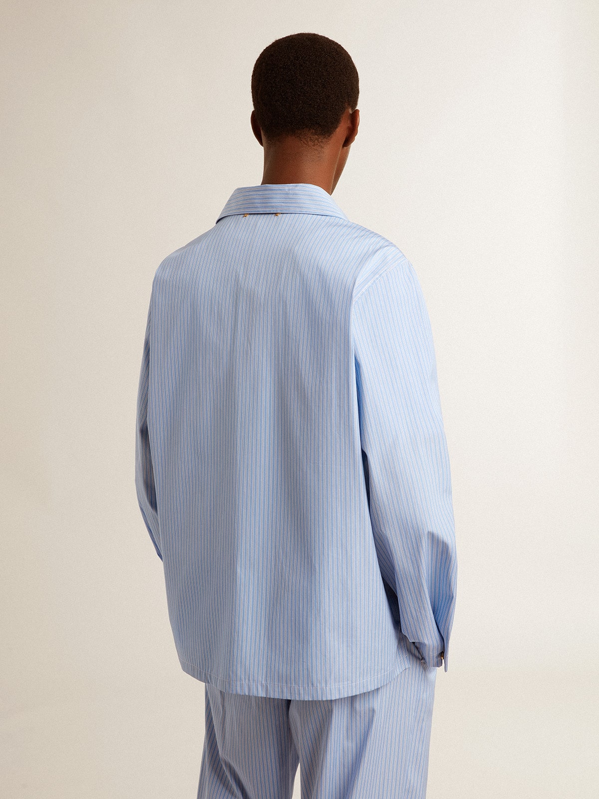 Golden Goose - Men's shirt in white and blue striped cotton poplin in 