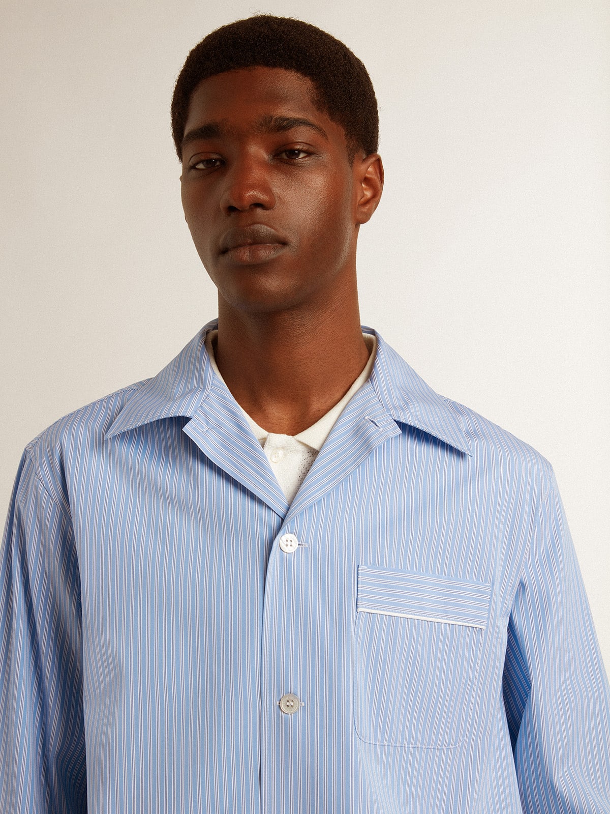 Golden Goose - Men's shirt in white and blue striped cotton poplin in 