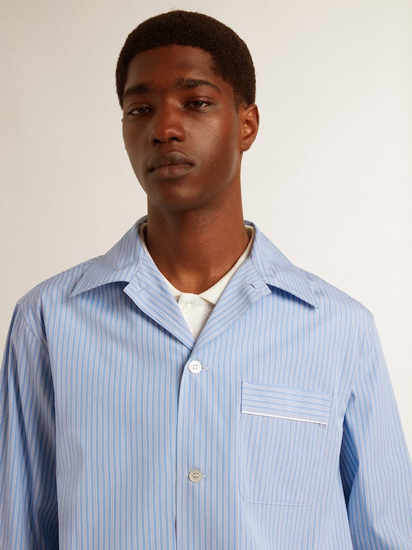 Golden Goose - Men's shirt in white and blue striped cotton poplin in 