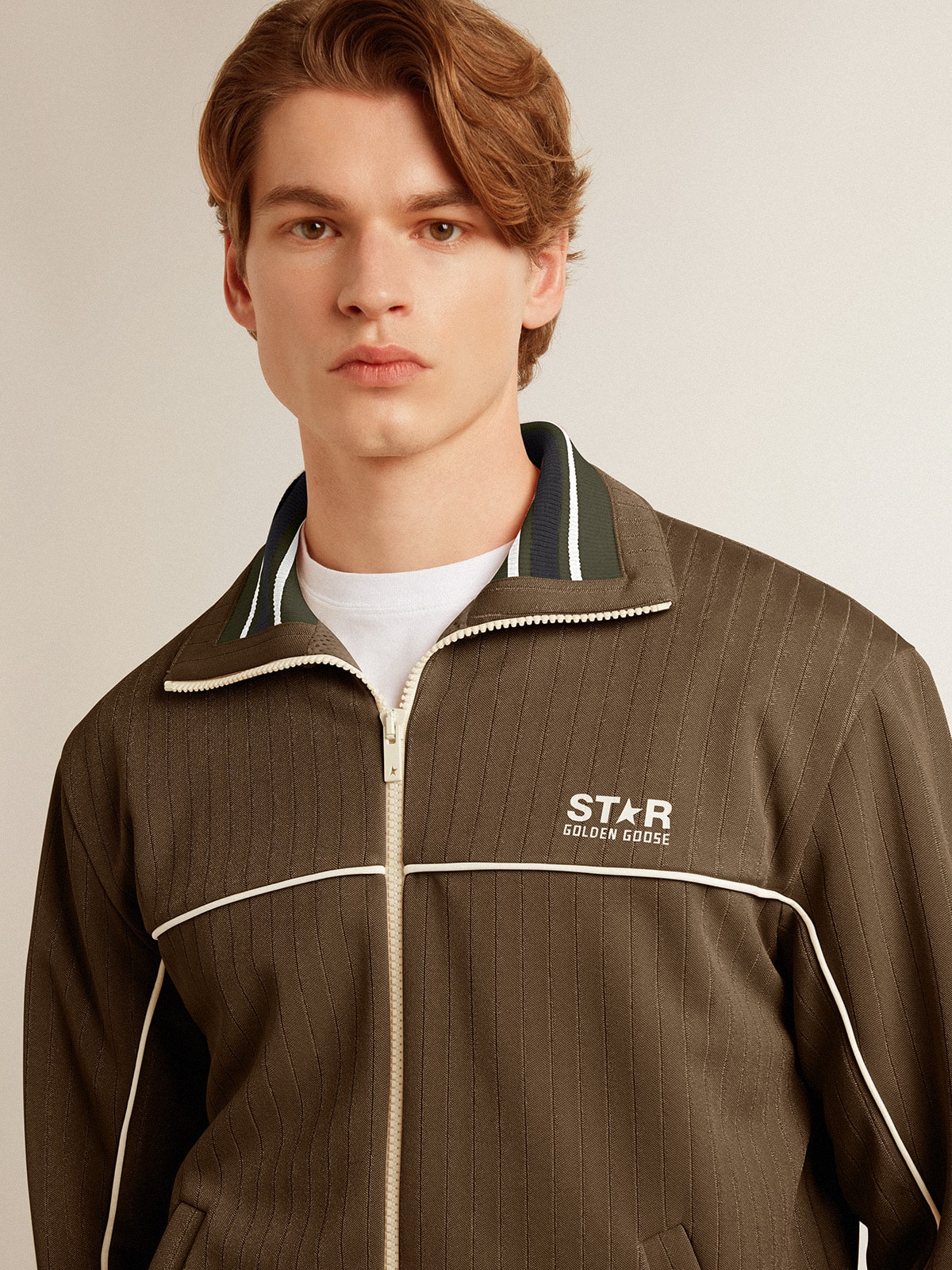 Golden Goose - Men’s military green zipped sweatshirt with white logo in 