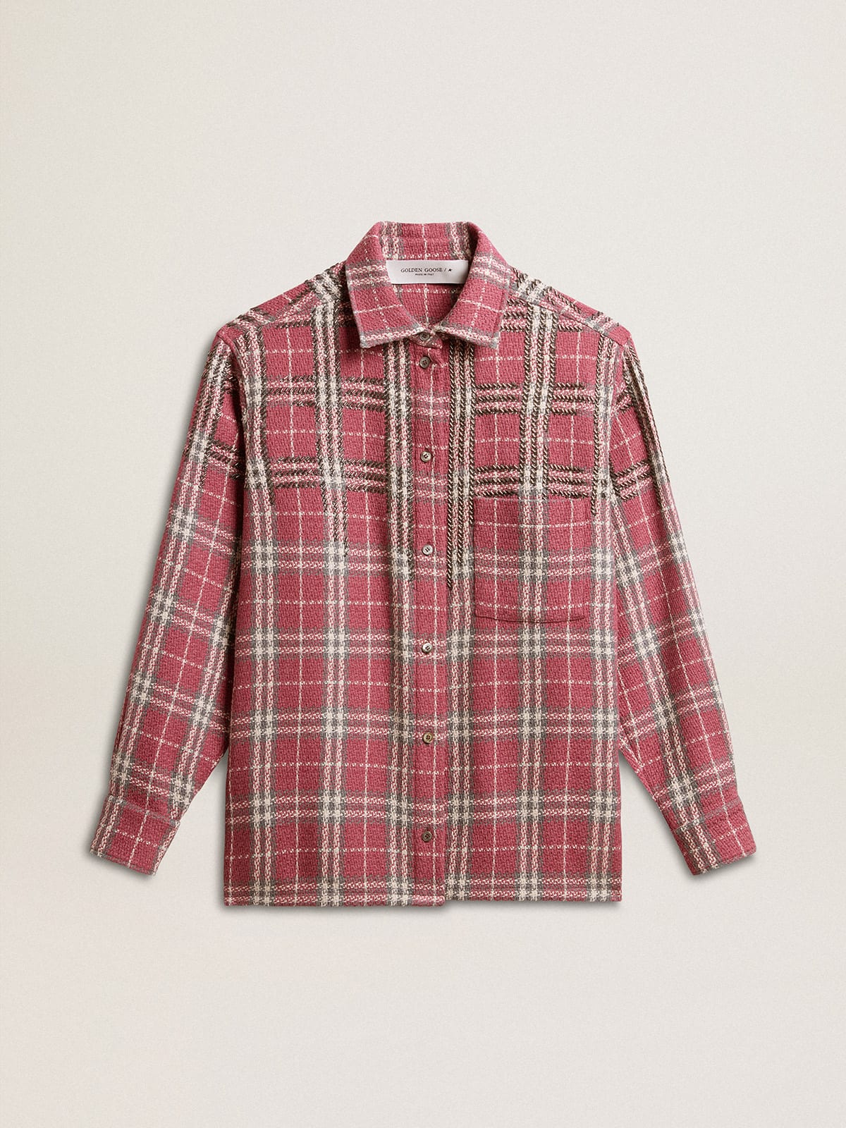 Golden Goose - Camicia fit boxy con ricamo a quadretti color rosa sabbia e grigio in 