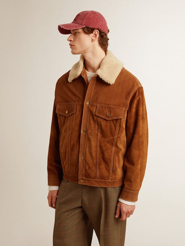 Golden Goose - Men's jacket in tobacco-colored split leather with a shearling collar in 
