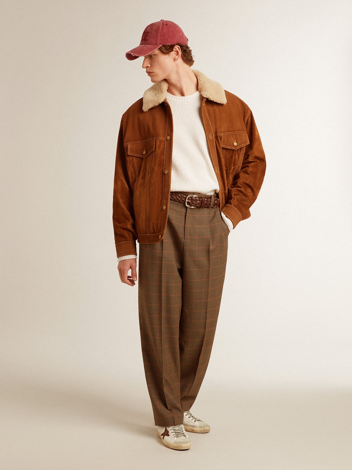 Golden Goose - Men's jacket in tobacco-colored split leather with a shearling collar in 