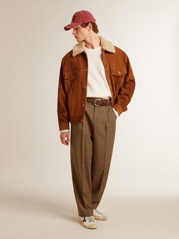 Golden Goose - Men's jacket in tobacco-colored split leather with a shearling collar in 