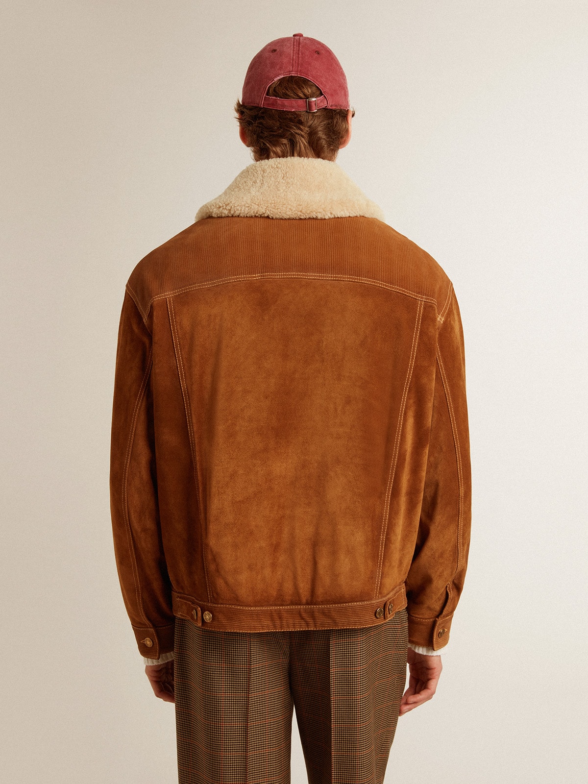 Golden Goose - Men's jacket in tobacco-colored split leather with a shearling collar in 