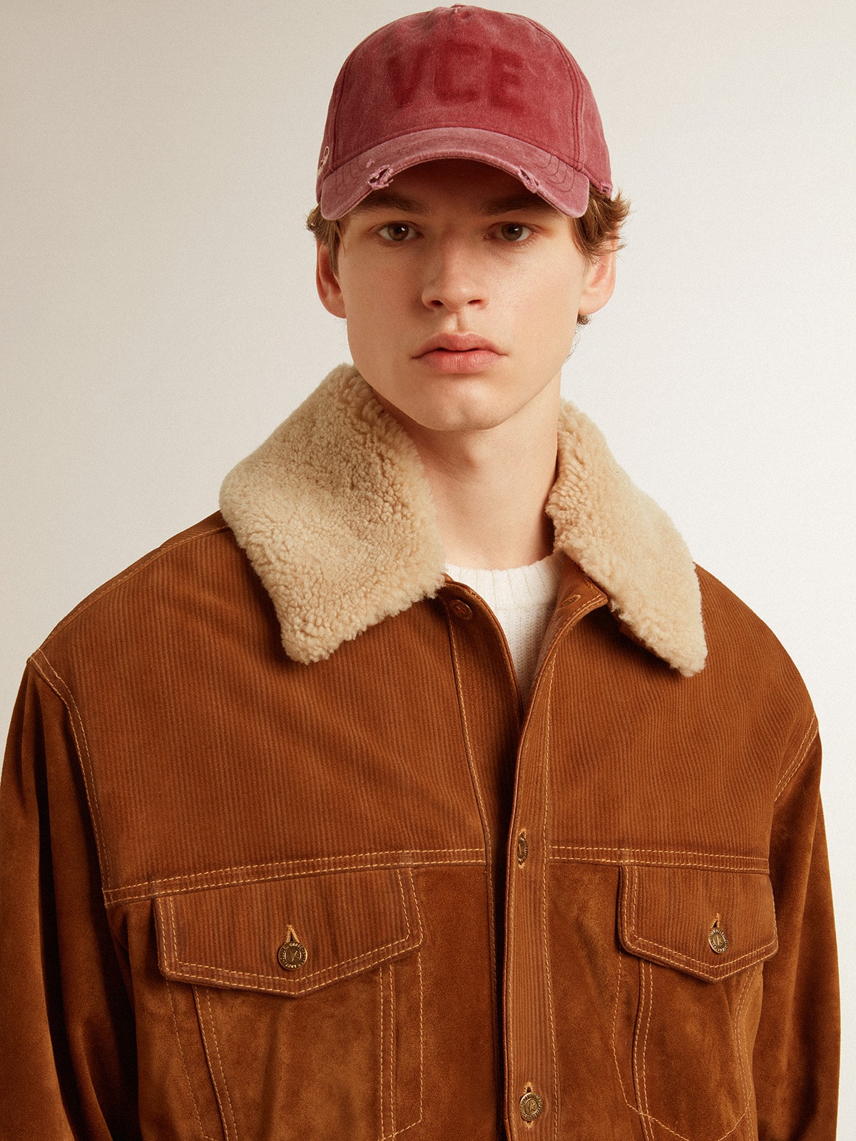 Golden Goose - Men's jacket in tobacco-colored split leather with a shearling collar in 