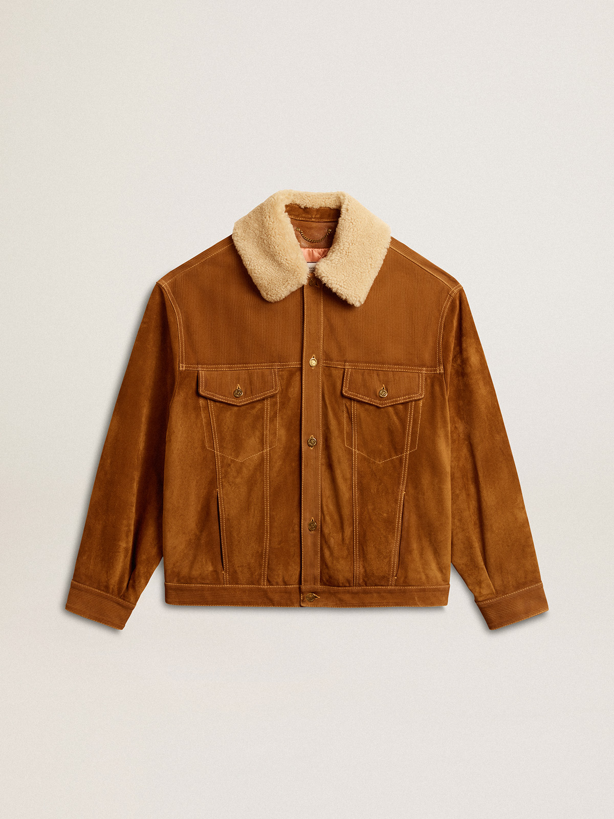 Veste pour homme en croûte de cuir couleur tabac et col en shearling — Golden Goose