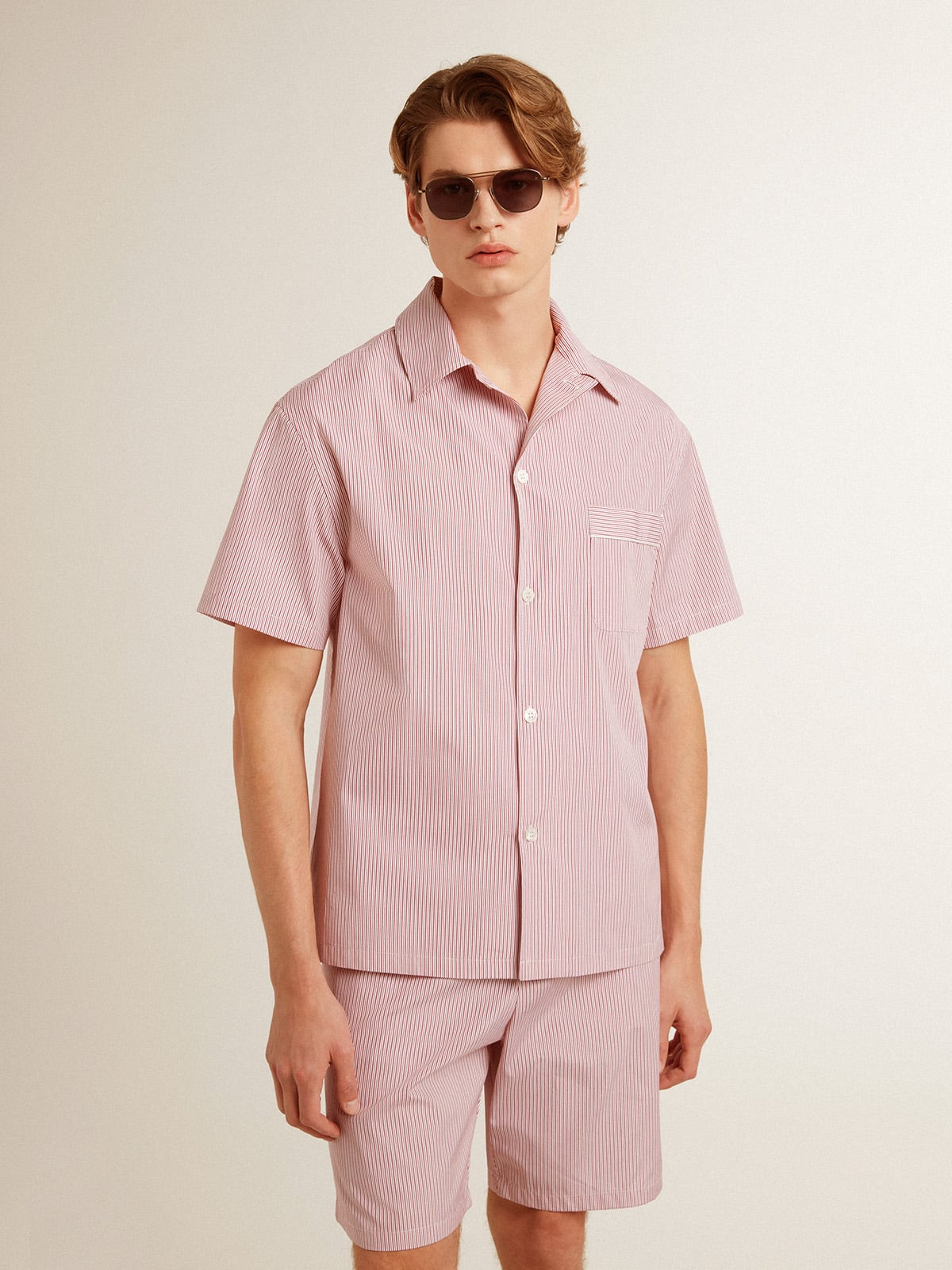 Golden Goose - Men's shirt in white and red striped cotton poplin in 