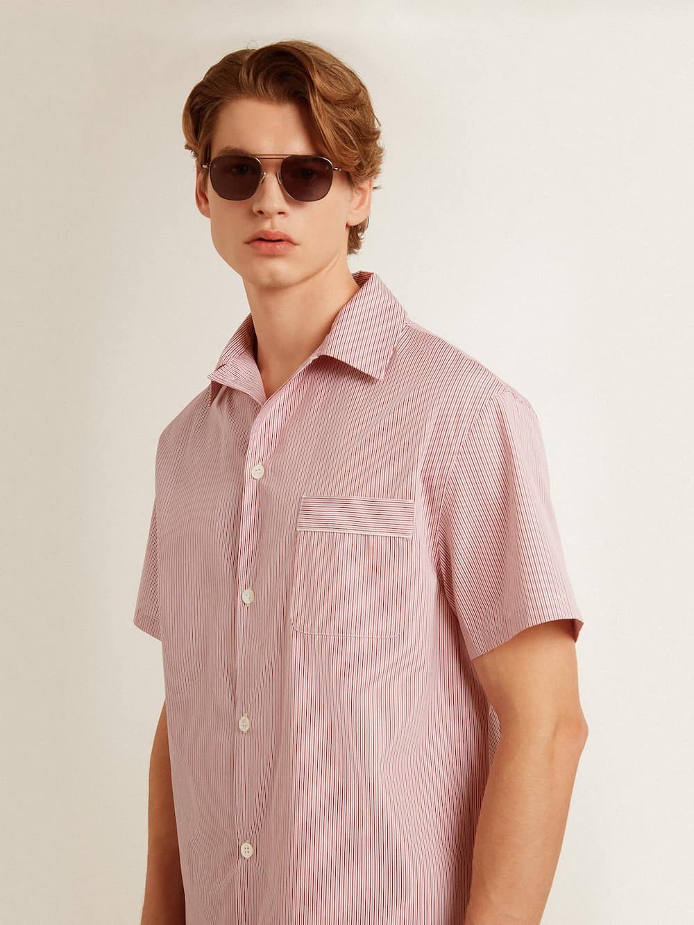 Golden Goose - Men's shirt in white and red striped cotton poplin in 