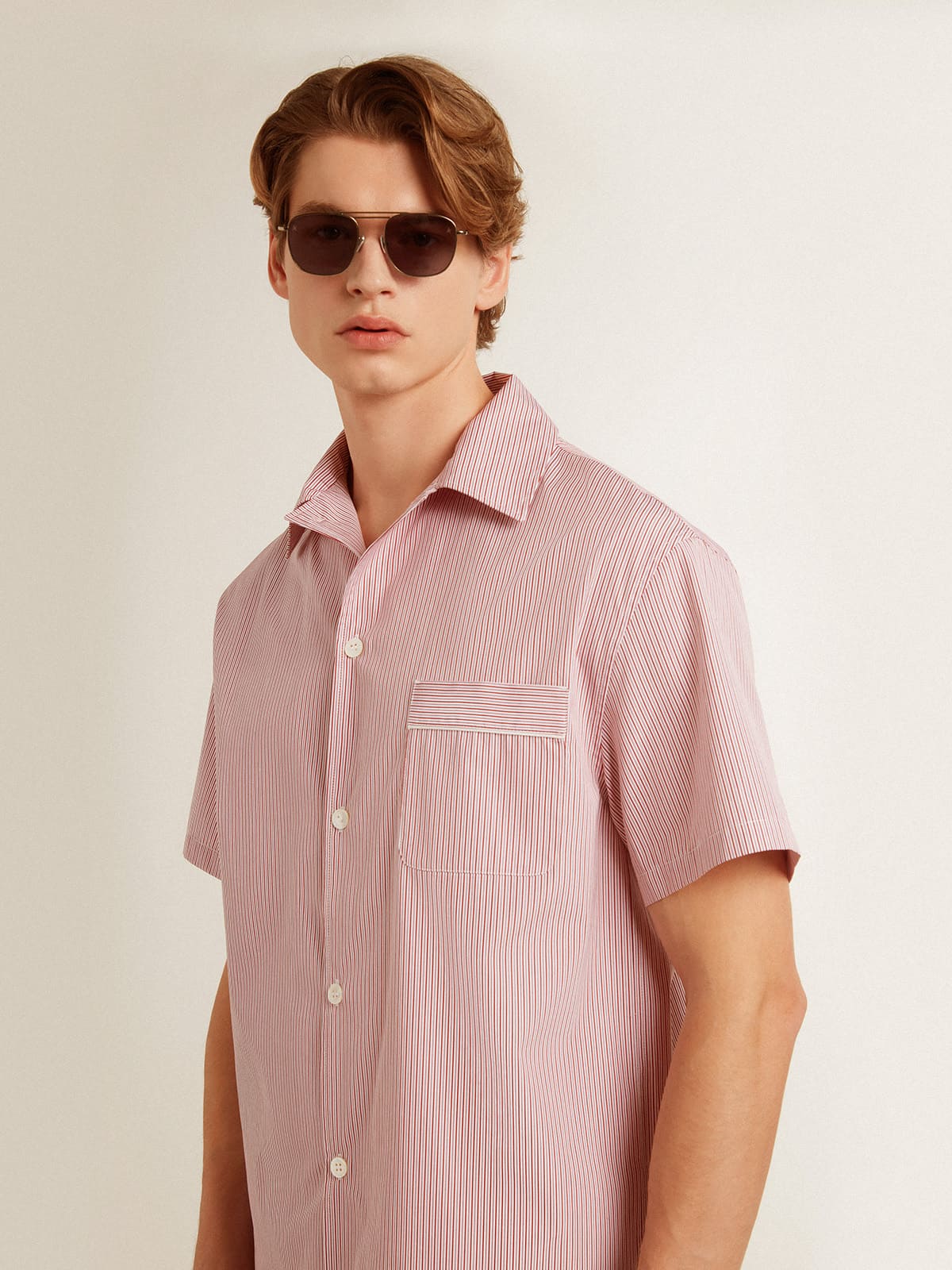 Golden Goose - Men's shirt in white and red striped cotton poplin in 