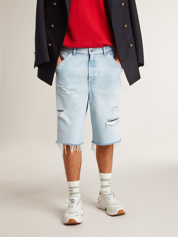 Golden Goose - Men's denim Bermuda shorts with lived-in effect in 