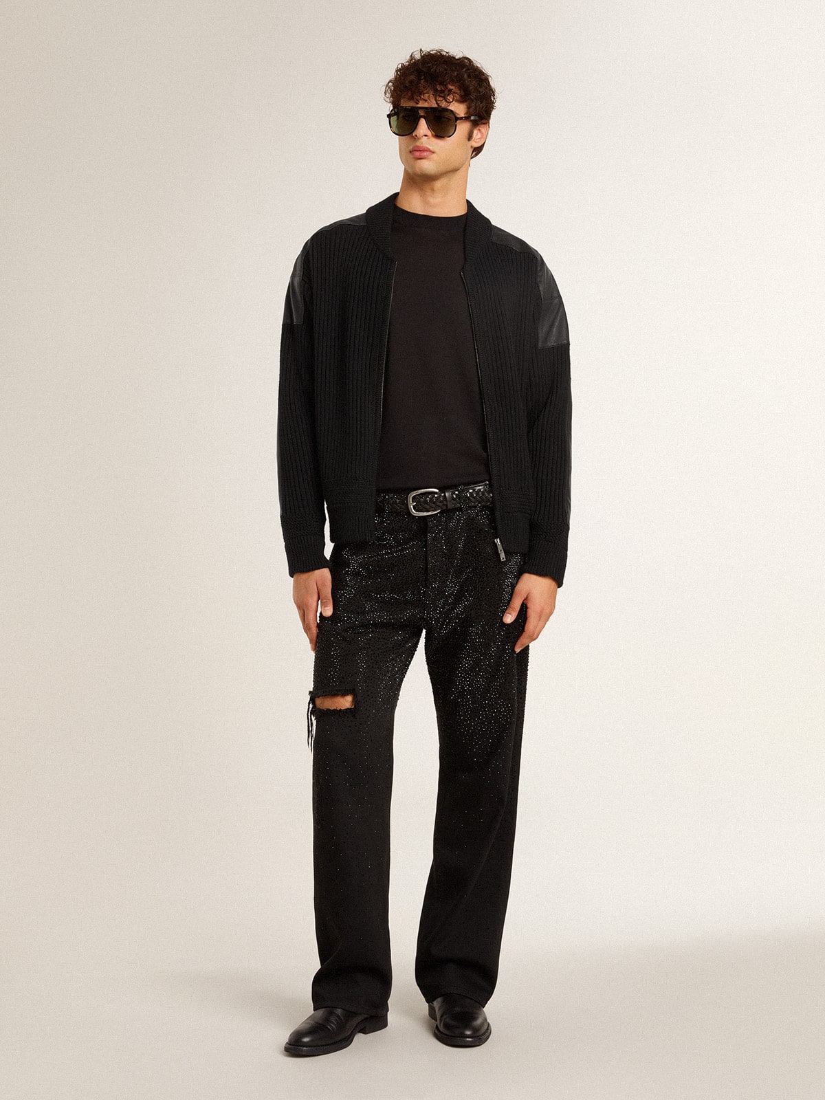 Golden Goose - Men's black merino wool jacket with leather patches  in 