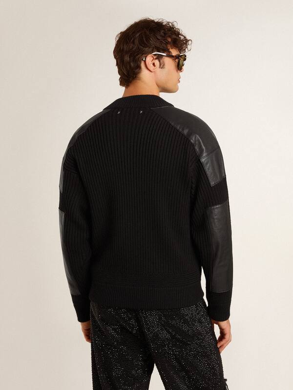 Golden Goose - Men’s bomber jacket in black merino wool with black leather patches in 