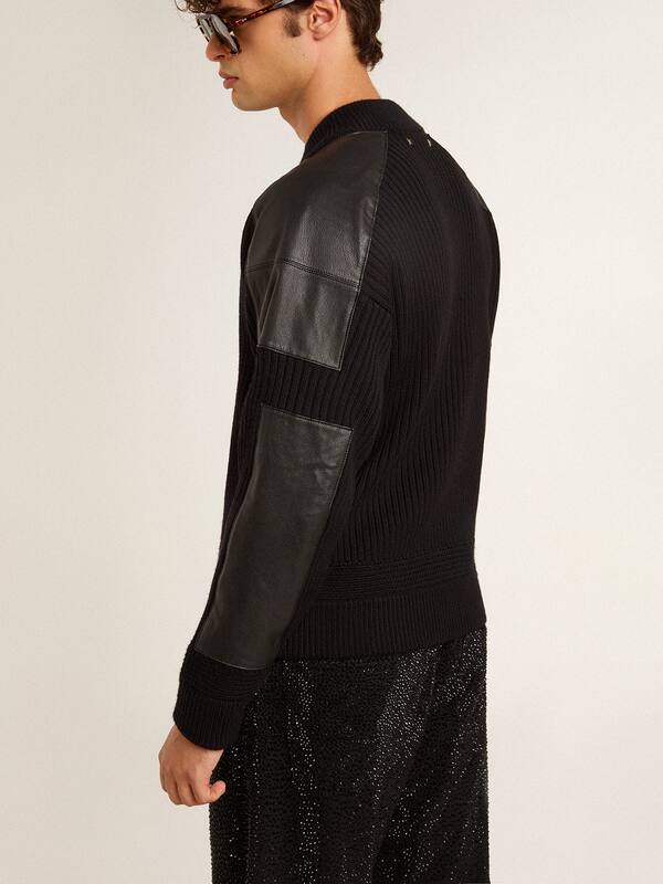 Golden Goose - Men’s bomber jacket in black merino wool with black leather patches in 