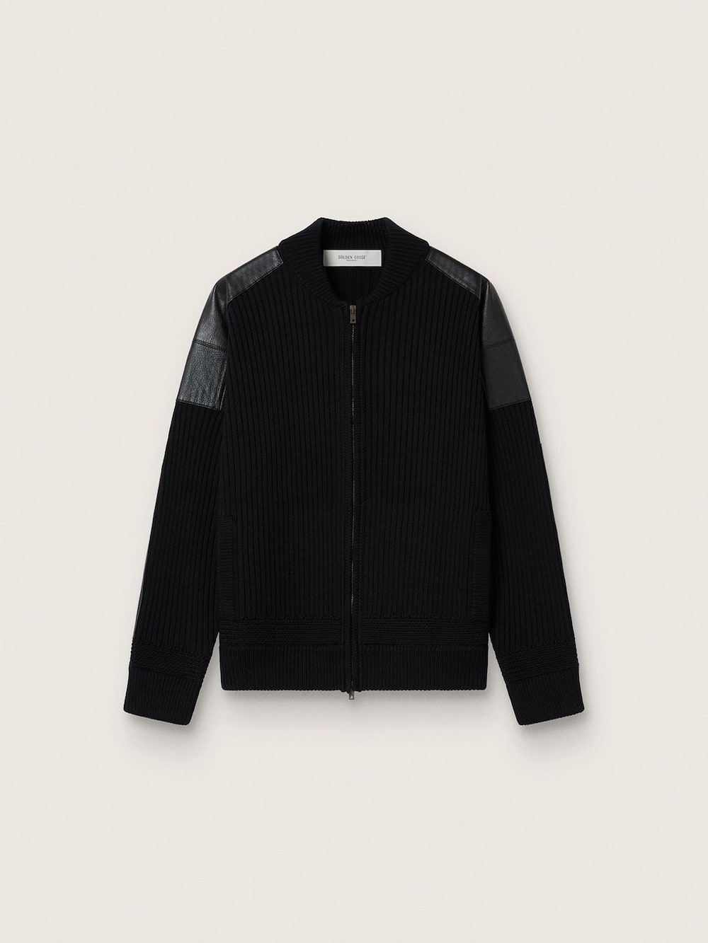 Veste noire pour homme en laine mérinos avec patchs en cuir — Golden Goose
