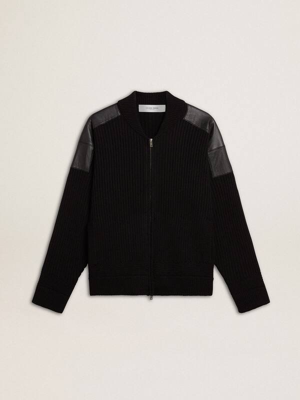 Golden Goose - Men’s bomber jacket in black merino wool with black leather patches in 