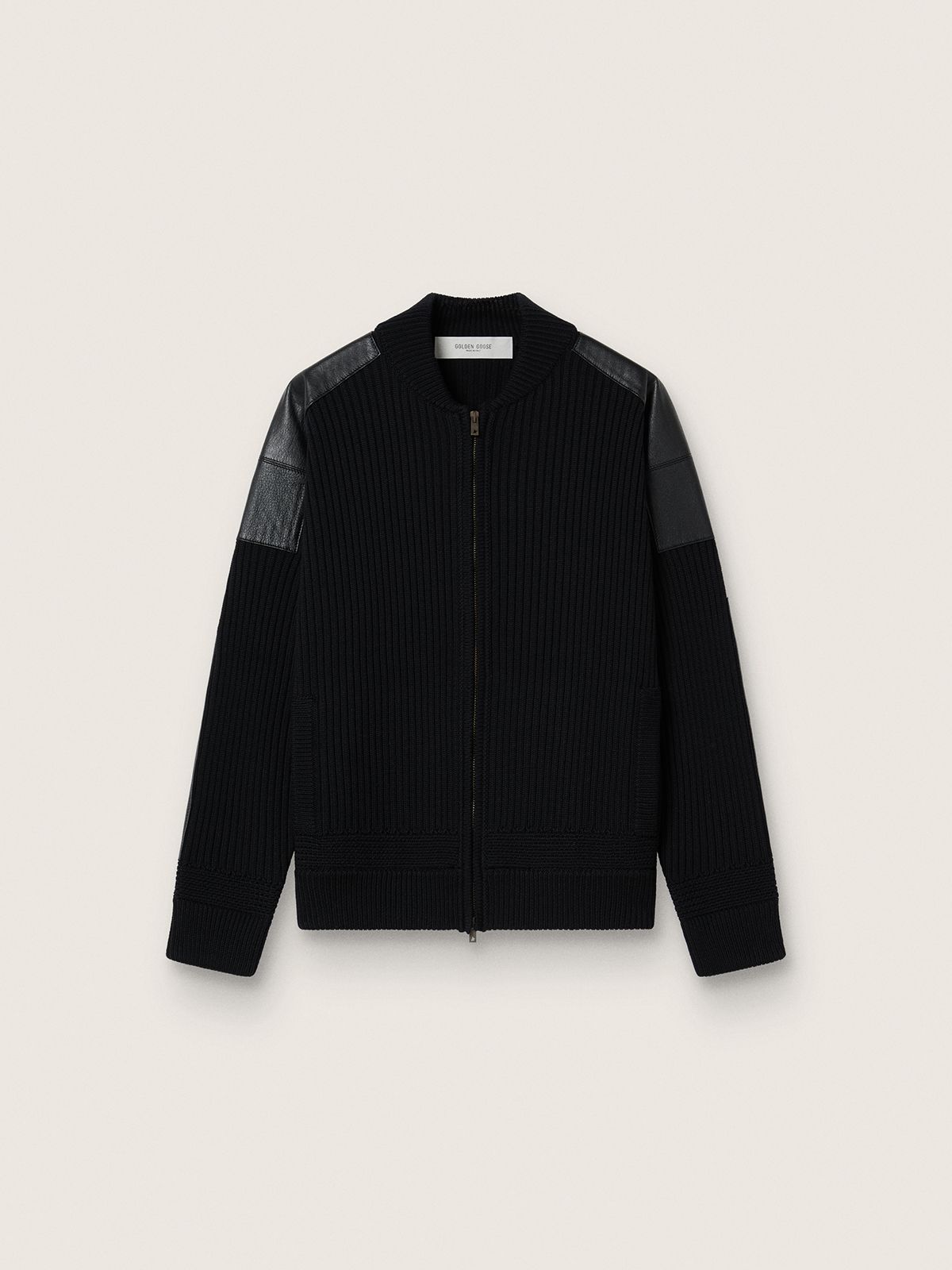 Veste noire pour homme en laine mérinos avec patchs en cuir — Golden Goose