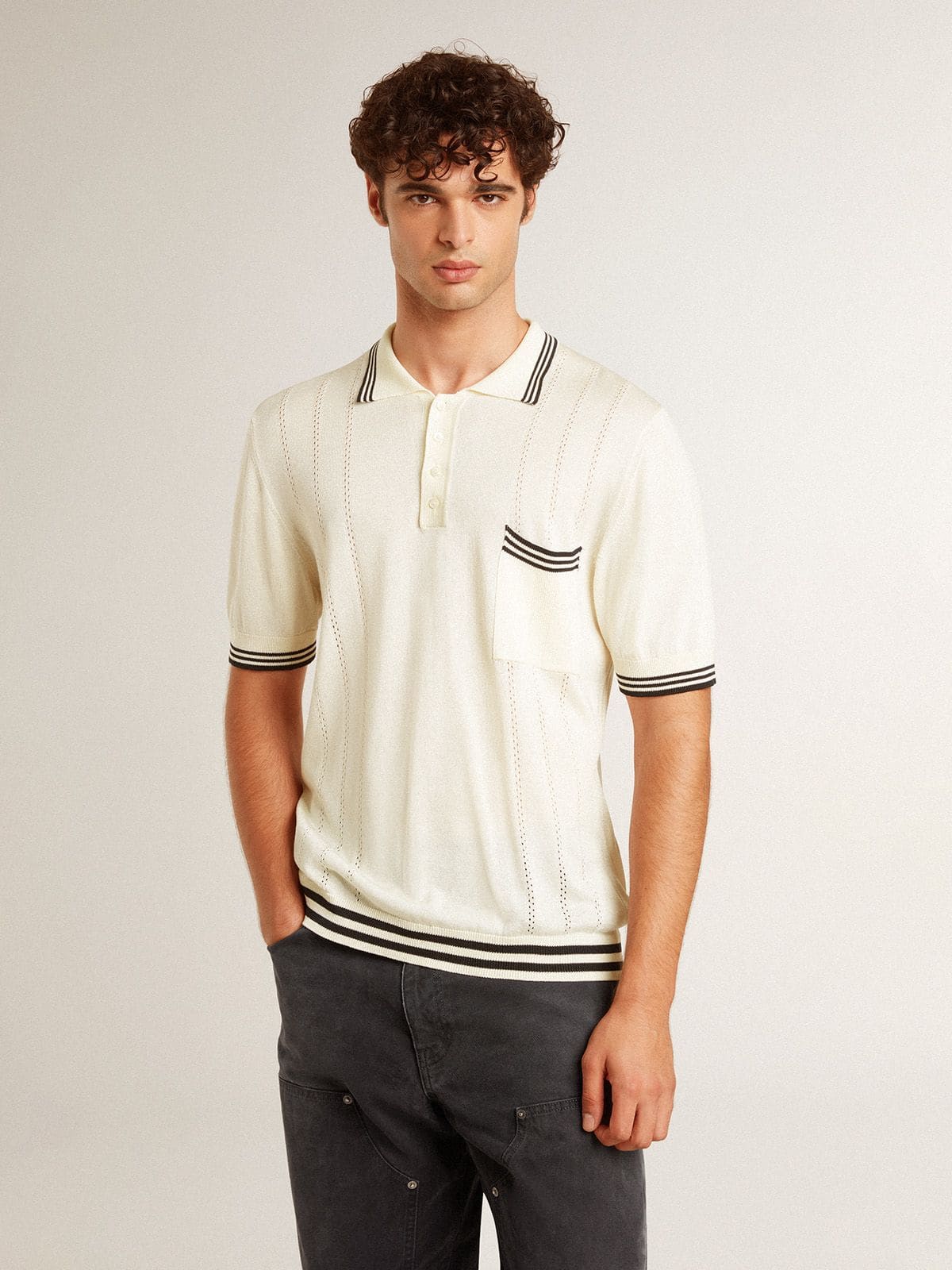 Golden Goose - Men's worn-white knitted polo shirt with blue ribbing in 