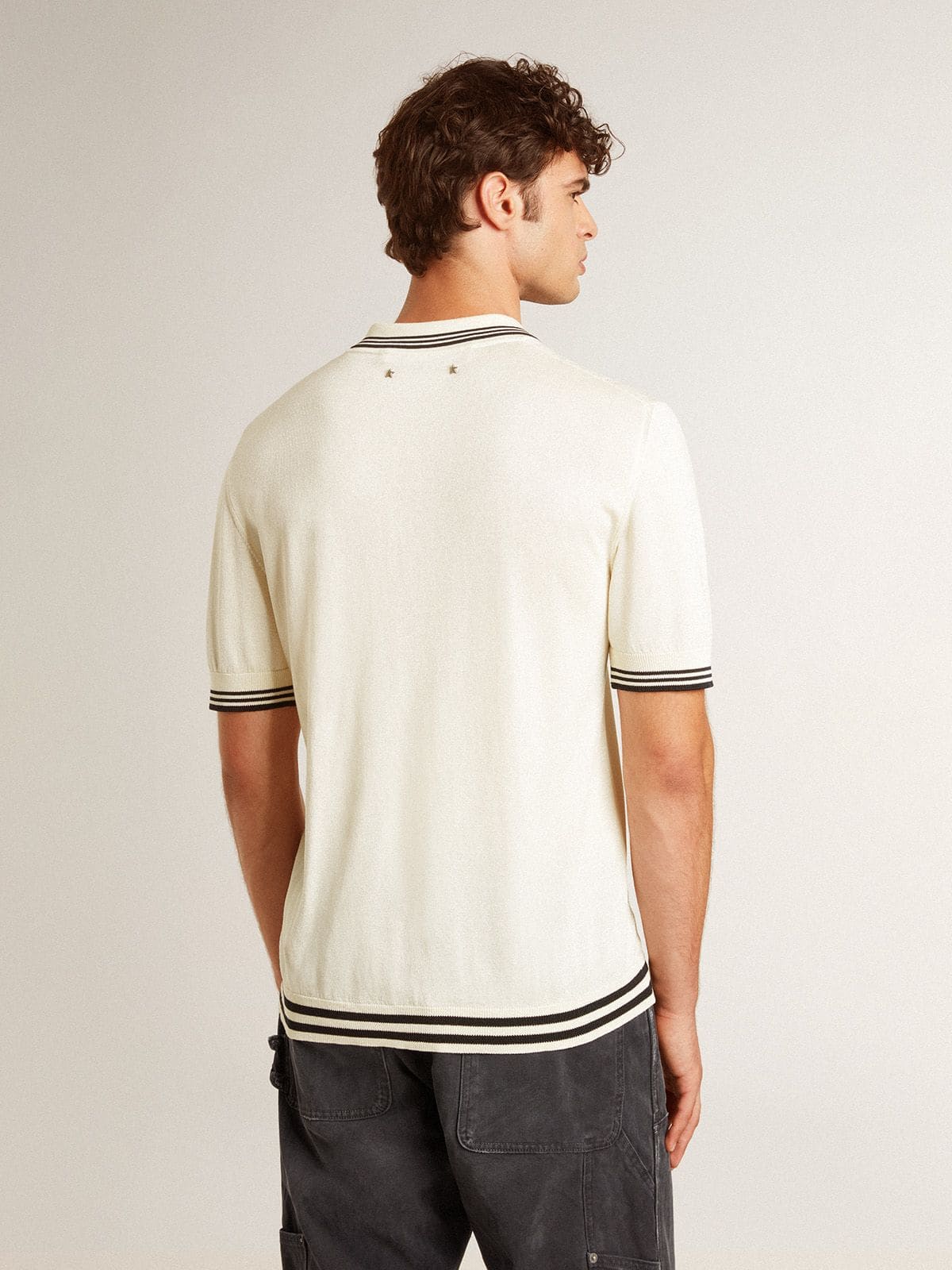 Golden Goose - Men's worn-white knitted polo shirt with blue ribbing in 