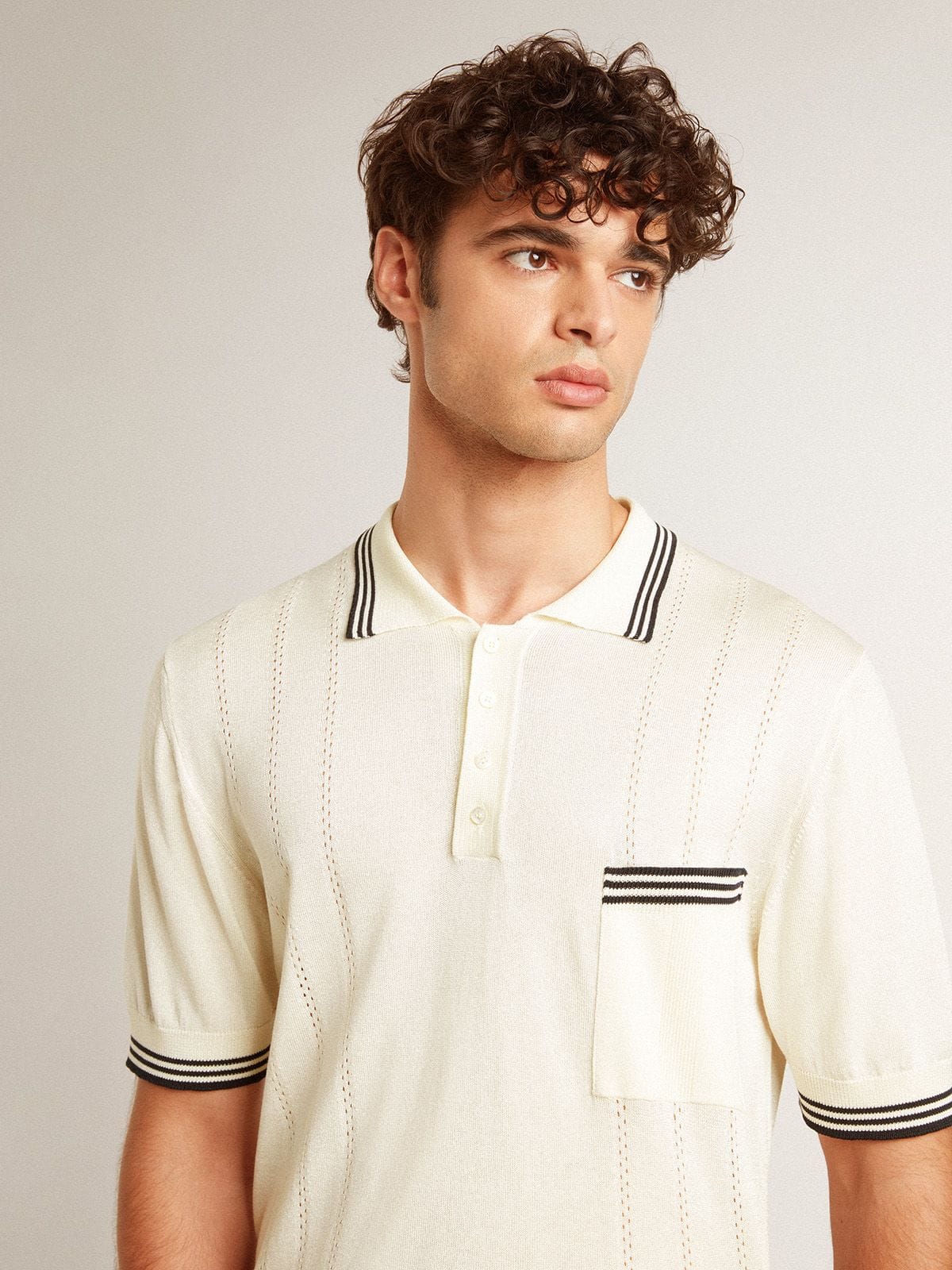 Golden Goose - Men's worn-white knitted polo shirt with blue ribbing in 