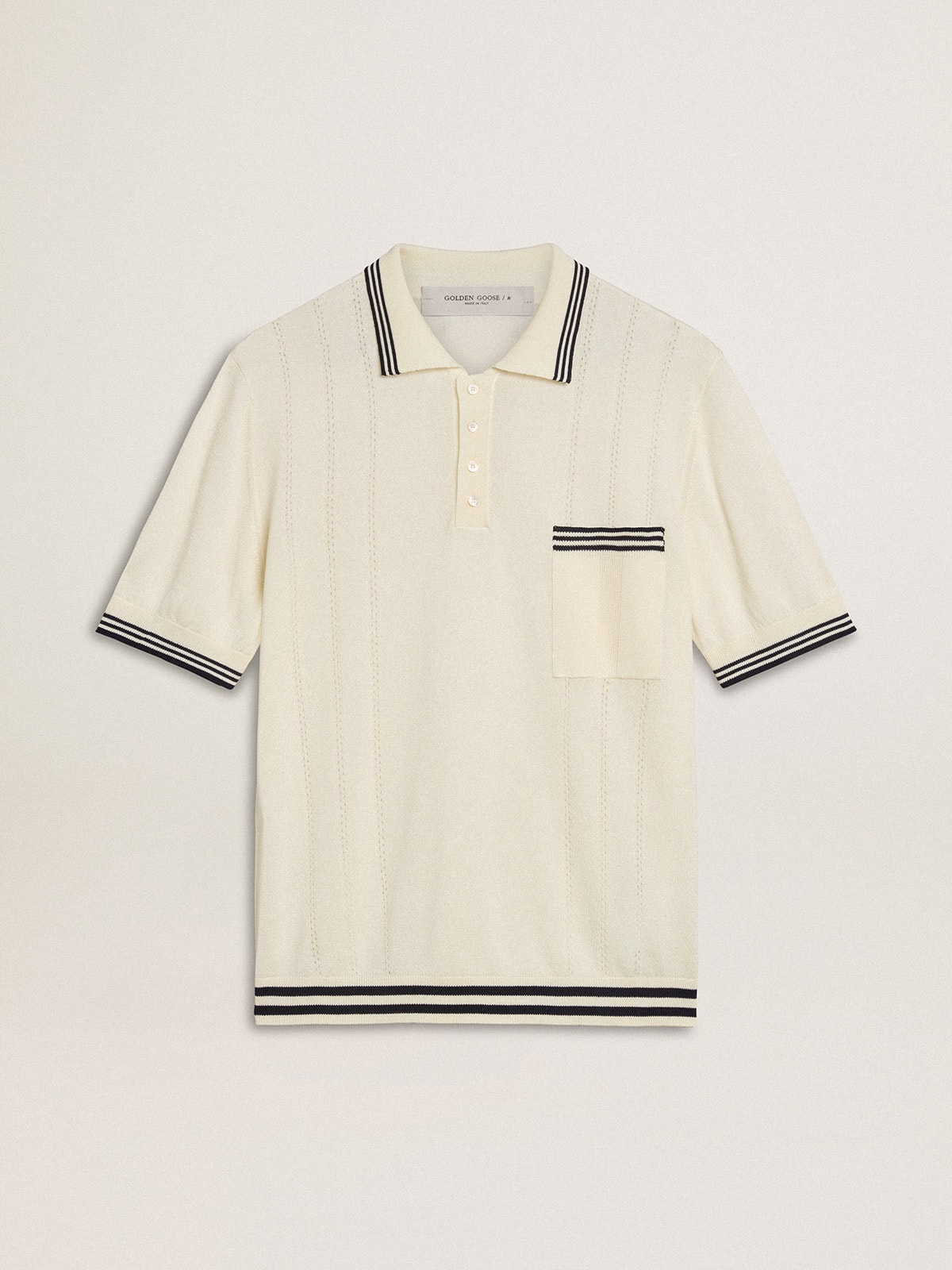 Golden Goose - Men's worn-white knitted polo shirt with blue ribbing in 