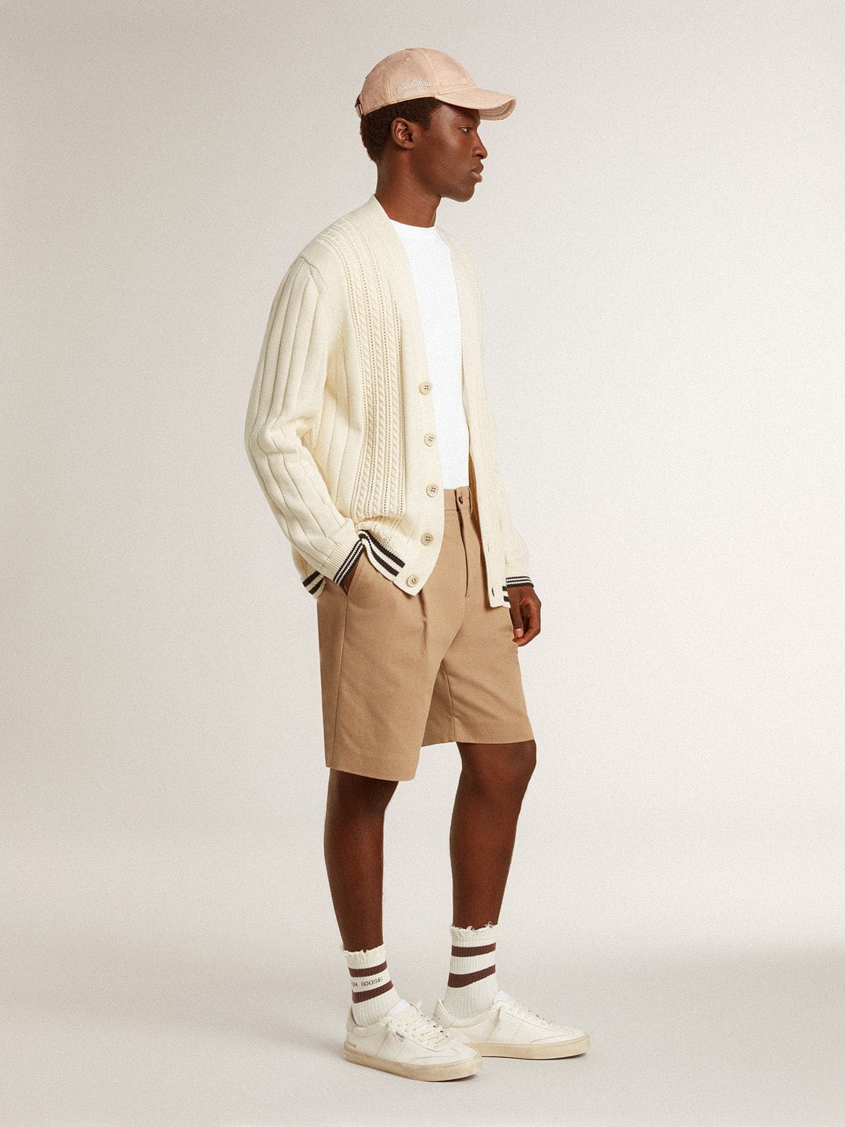 Golden Goose - Men's white cotton cardigan with a cable pattern and blue ribbing in 