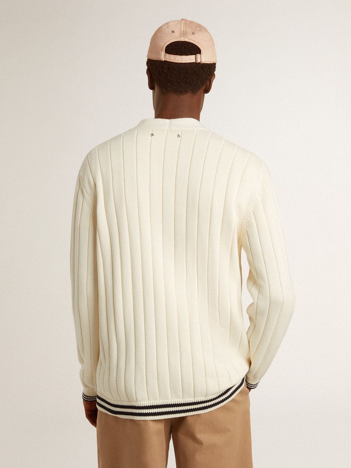 Golden Goose - Men's white cotton cardigan with a cable pattern and blue ribbing in 