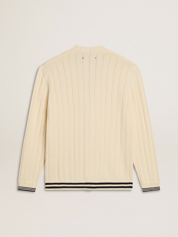 Golden Goose - Men's white cotton cardigan with a cable pattern and blue ribbing in 