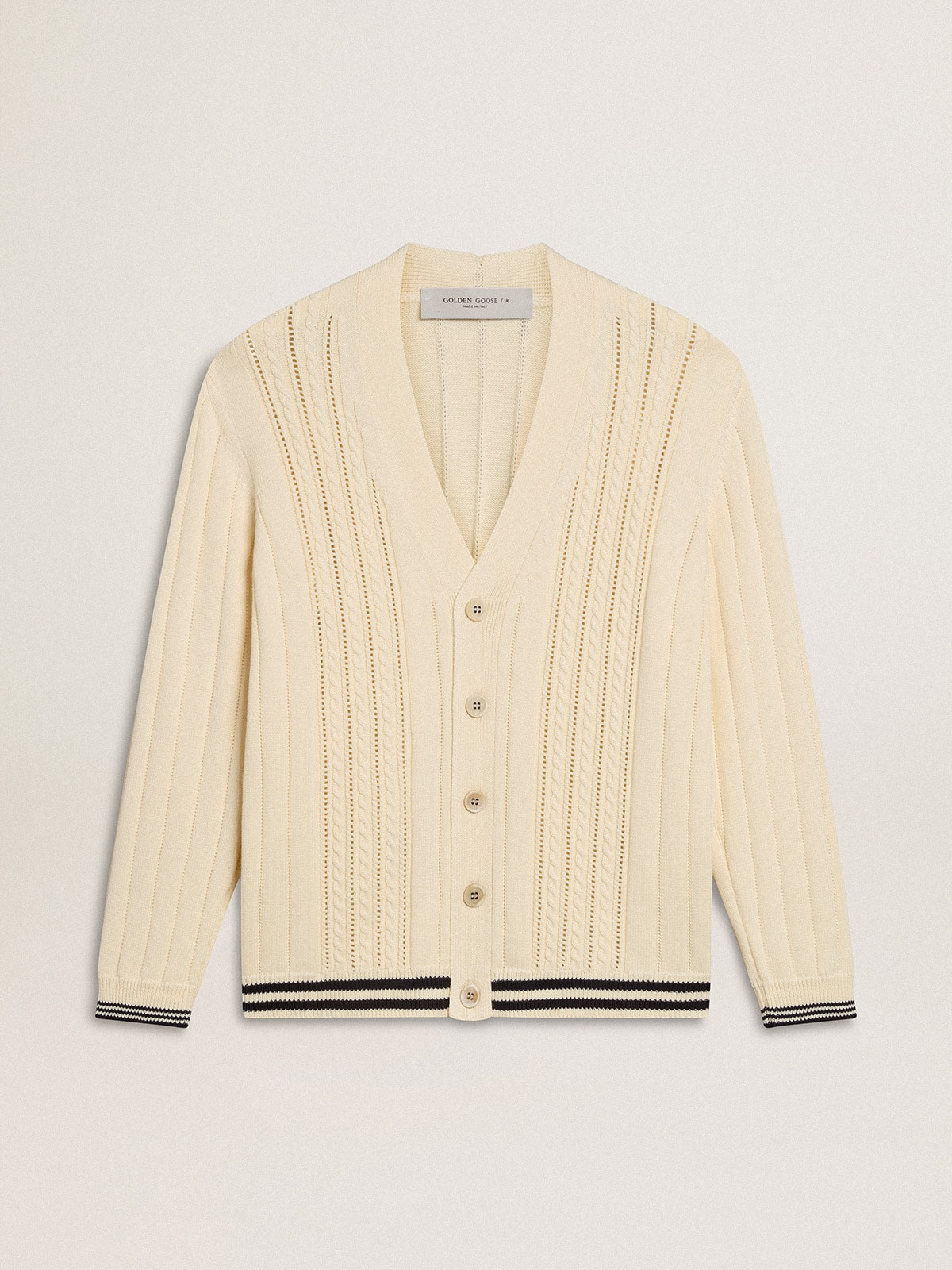 Golden Goose - Men's white cotton cardigan with a cable pattern and blue ribbing in 