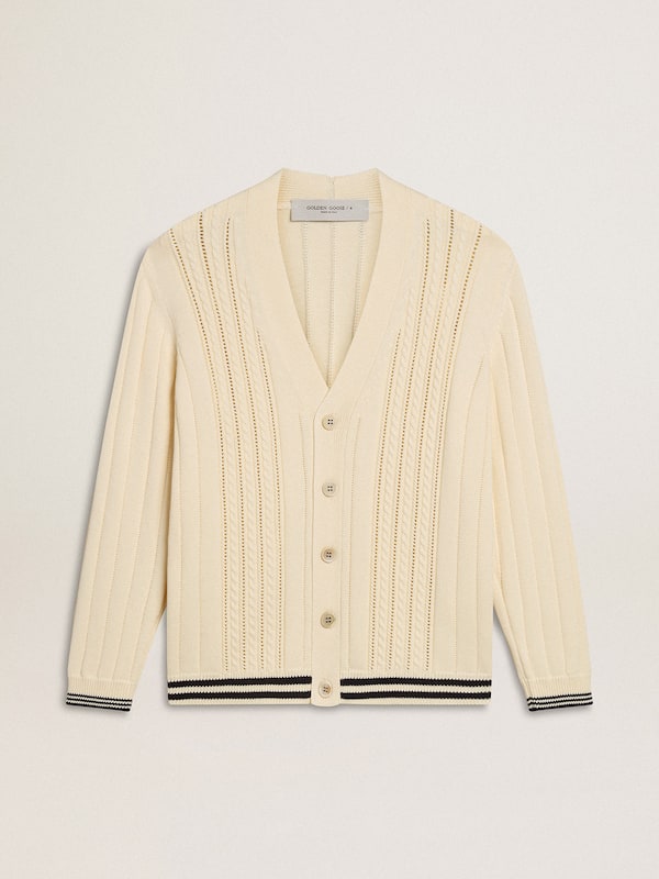 Men's white cotton cardigan with a cable pattern and blue ribbing