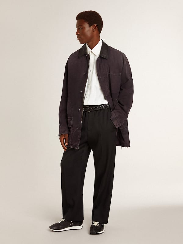 Golden Goose - Men's denim jacket with distressed details and leather collar in 