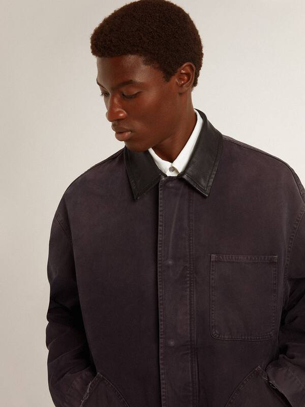 Golden Goose - Men's denim jacket with distressed details and leather collar in 